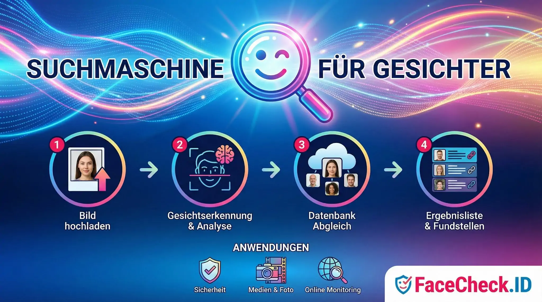 Infografik zur Funktionsweise einer Suchmaschine für Gesichter: 1. Bild hochladen, 2. Gesichtserkennung, 3. Datenbank-Abgleich, 4. Ergebnisliste mit Fundstellen.