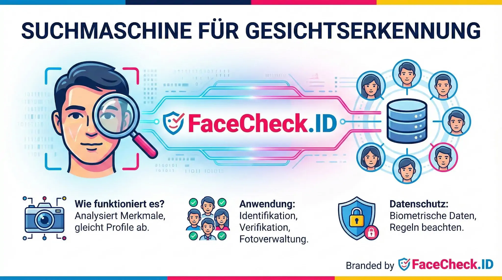 Suchmaschine Für Gesichtserkennung Schaubild zur Suchmaschine für Gesichtserkennung FaceCheck.ID: Analyse von Merkmalen, Identifikation und Datenschutz-Regeln.