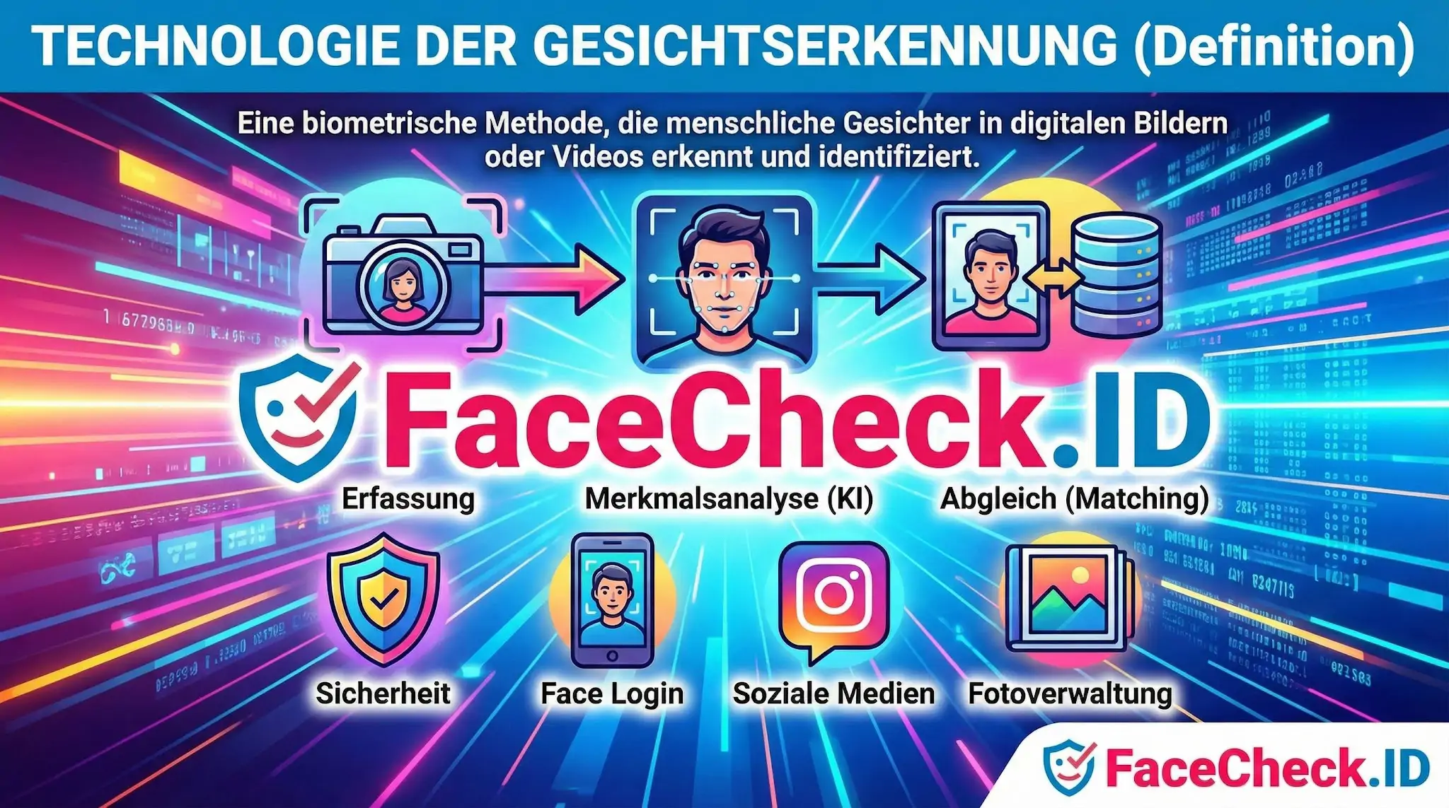 Technologie Der Gesichtserkennung Infografik zur Technologie der Gesichtserkennung von FaceCheck.ID, die den Prozess von der Erfassung bis zum Datenbankabgleich zeigt.