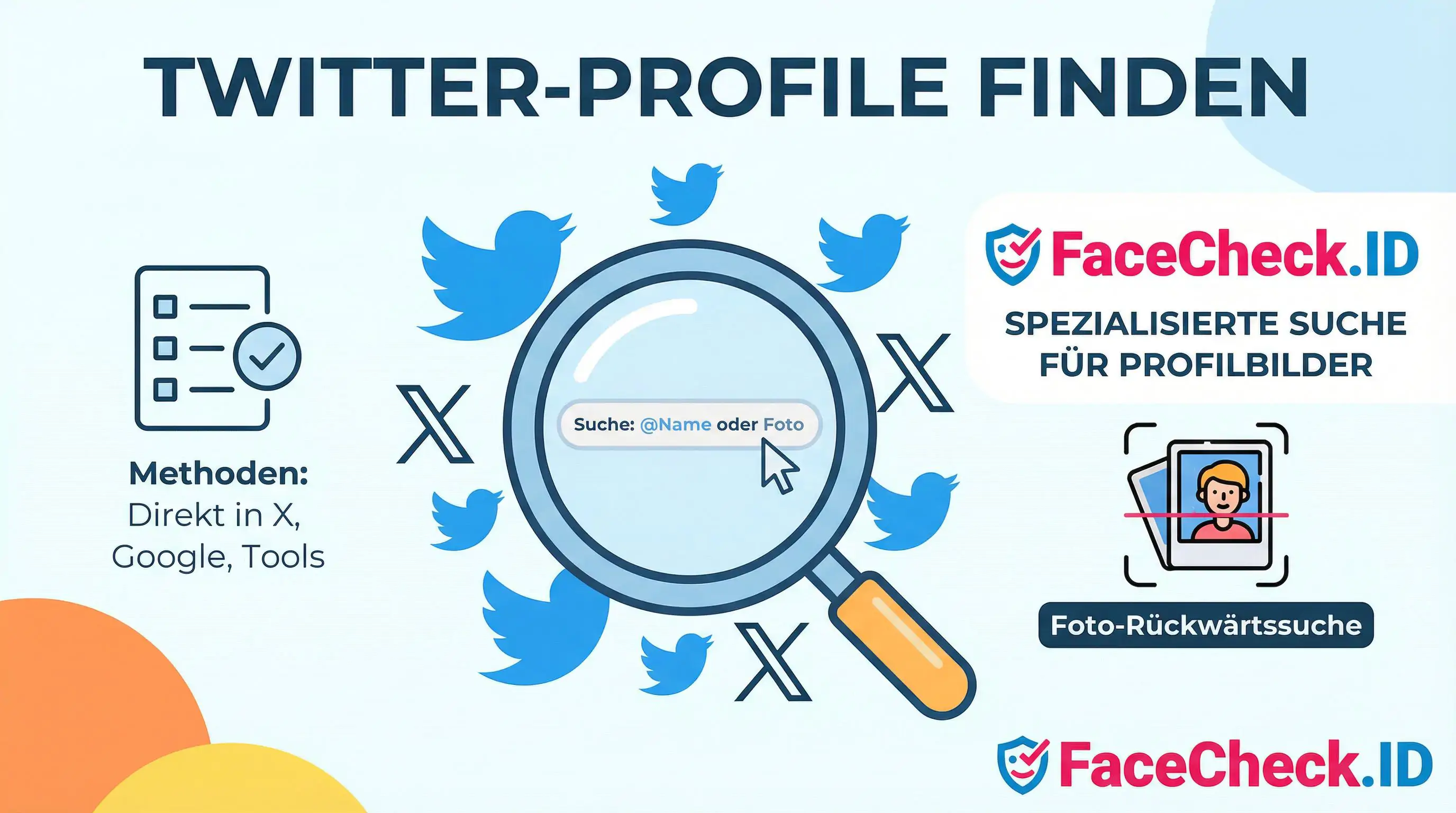 Infografik zum Twitter-Profile finden: Zeigt Lupe, Suchfeld für Namen und die Foto-Rückwärtssuche via FaceCheck.ID.