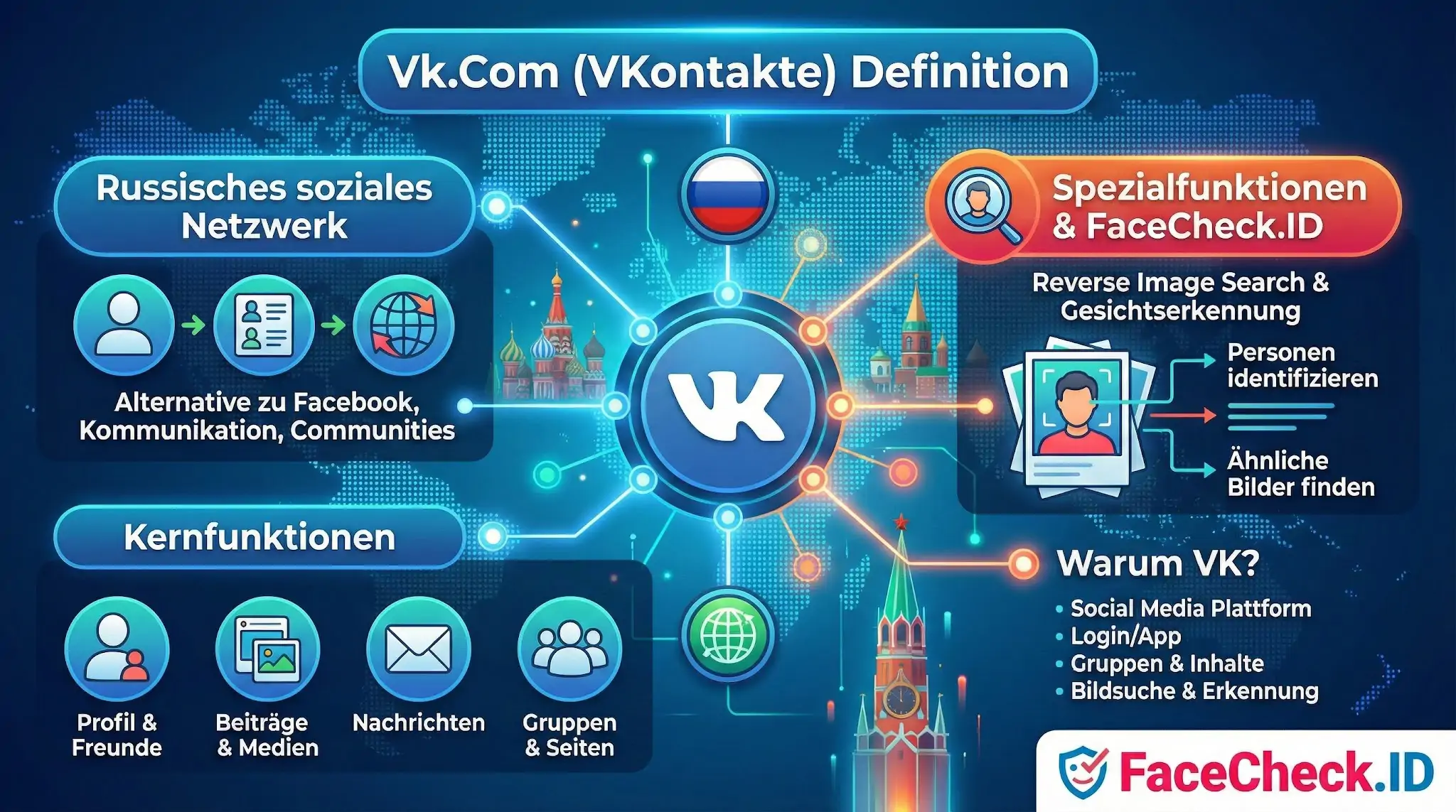 Infografik zur Definition von Vk.Com als russisches soziales Netzwerk mit Kernfunktionen wie Profilen und Nachrichten sowie Spezialfunktionen wie FaceCheck.ID.