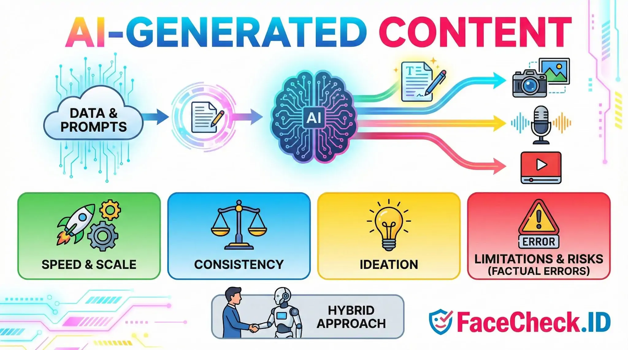 AI-Generated Content Infographic showing the Ai-Generated Content workflow from data prompts to media outputs, highlighting benefits like speed and risks like factual errors.