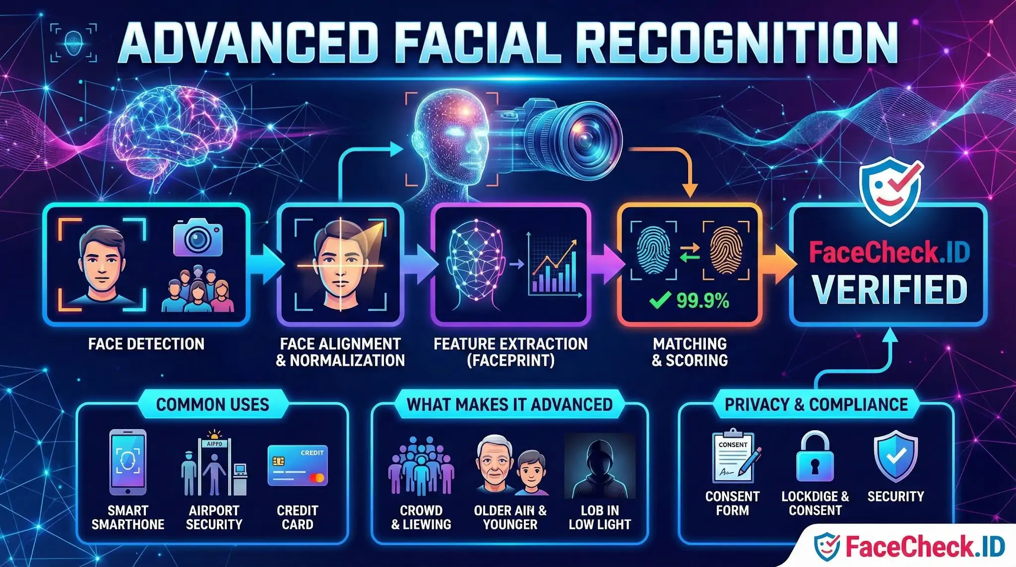 Advanced Facial Recognition Advanced Facial Recognition workflow diagram showing steps from face detection to 99.9% matching, plus common uses and privacy features.