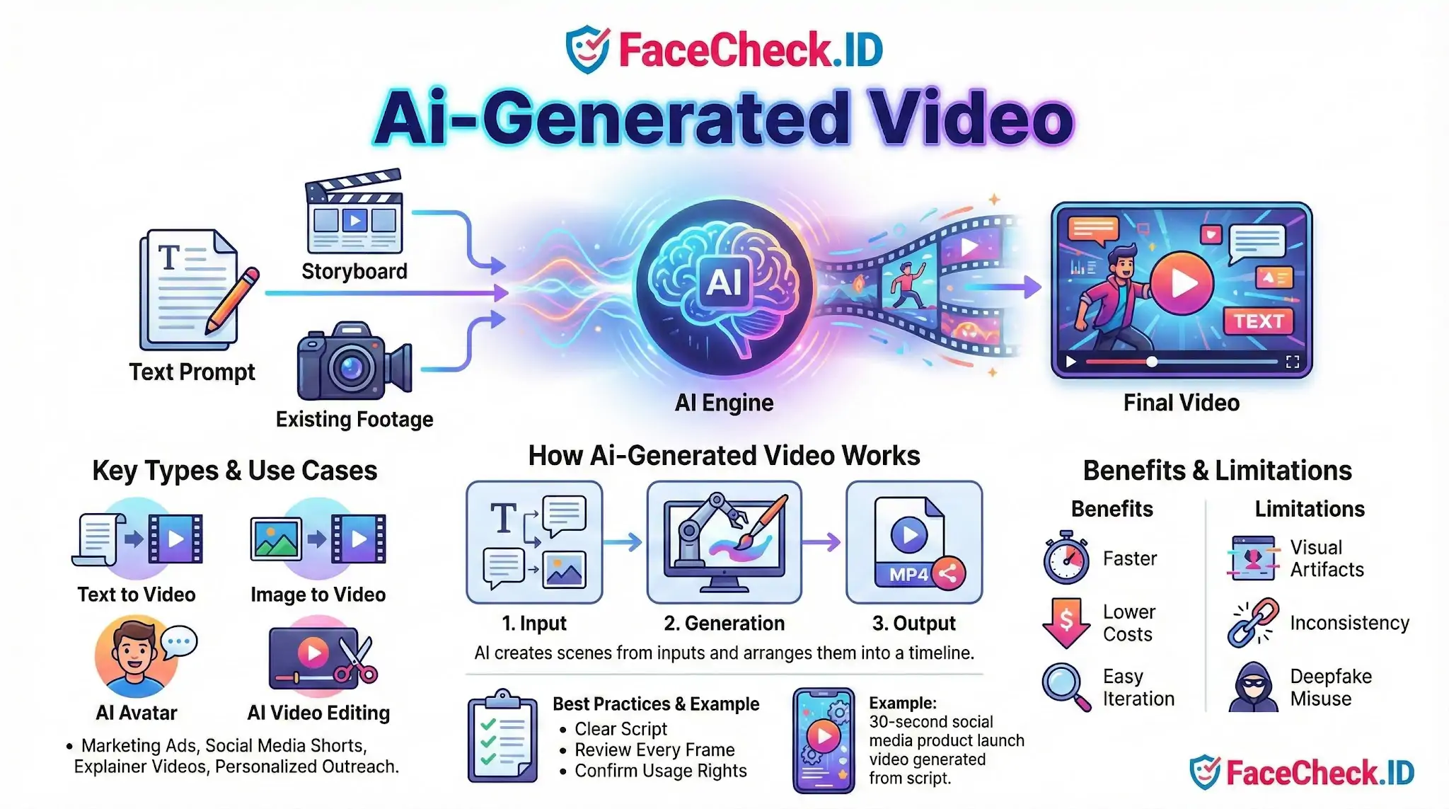 Infographic explaining how Ai-Generated Video works, showing inputs like text prompts and storyboard transforming into a final video output.