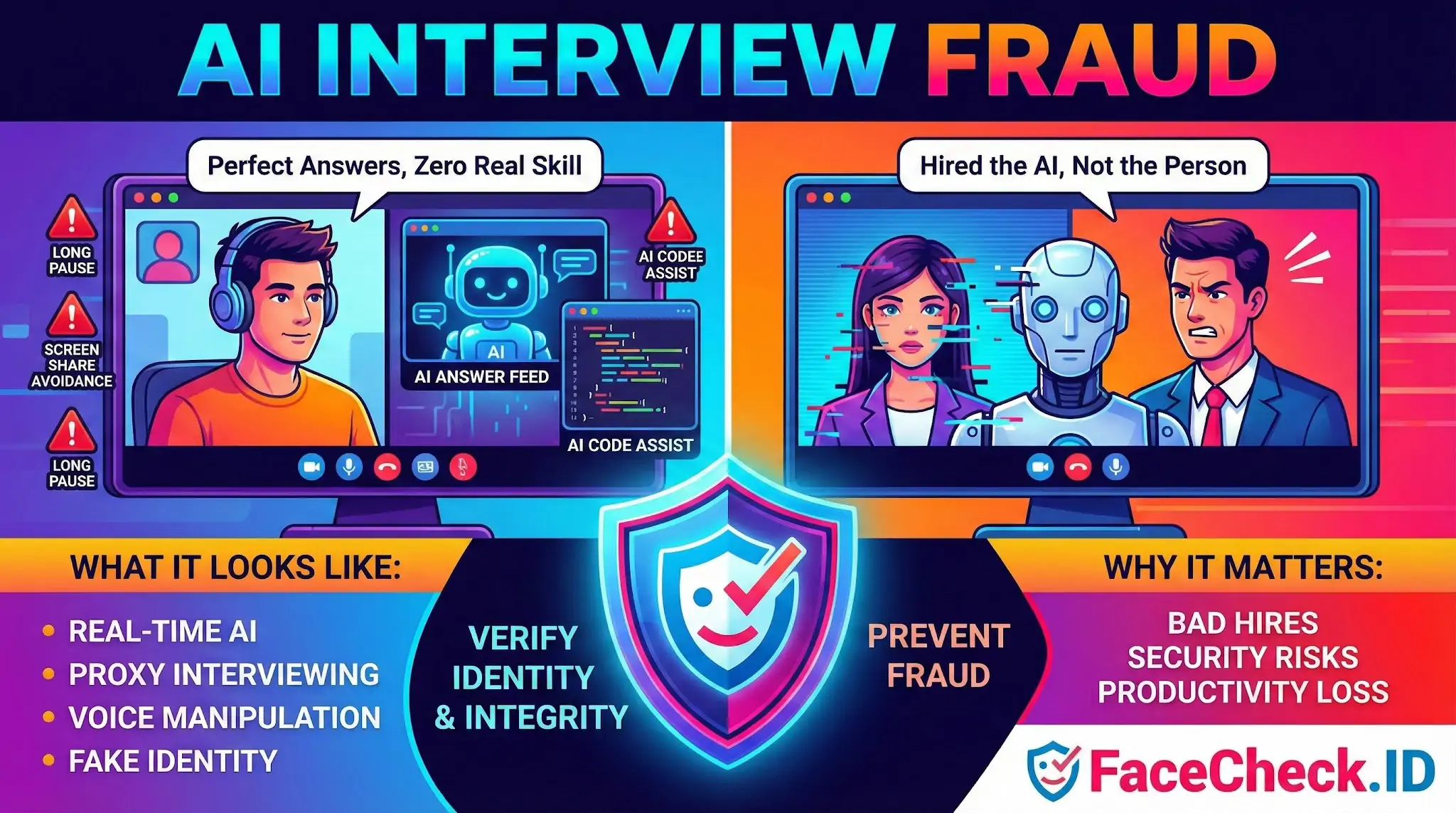 Ai Interview Fraud Infographic explaining AI interview fraud risks, showing candidates using AI tools to fake answers versus a verified hiring process.