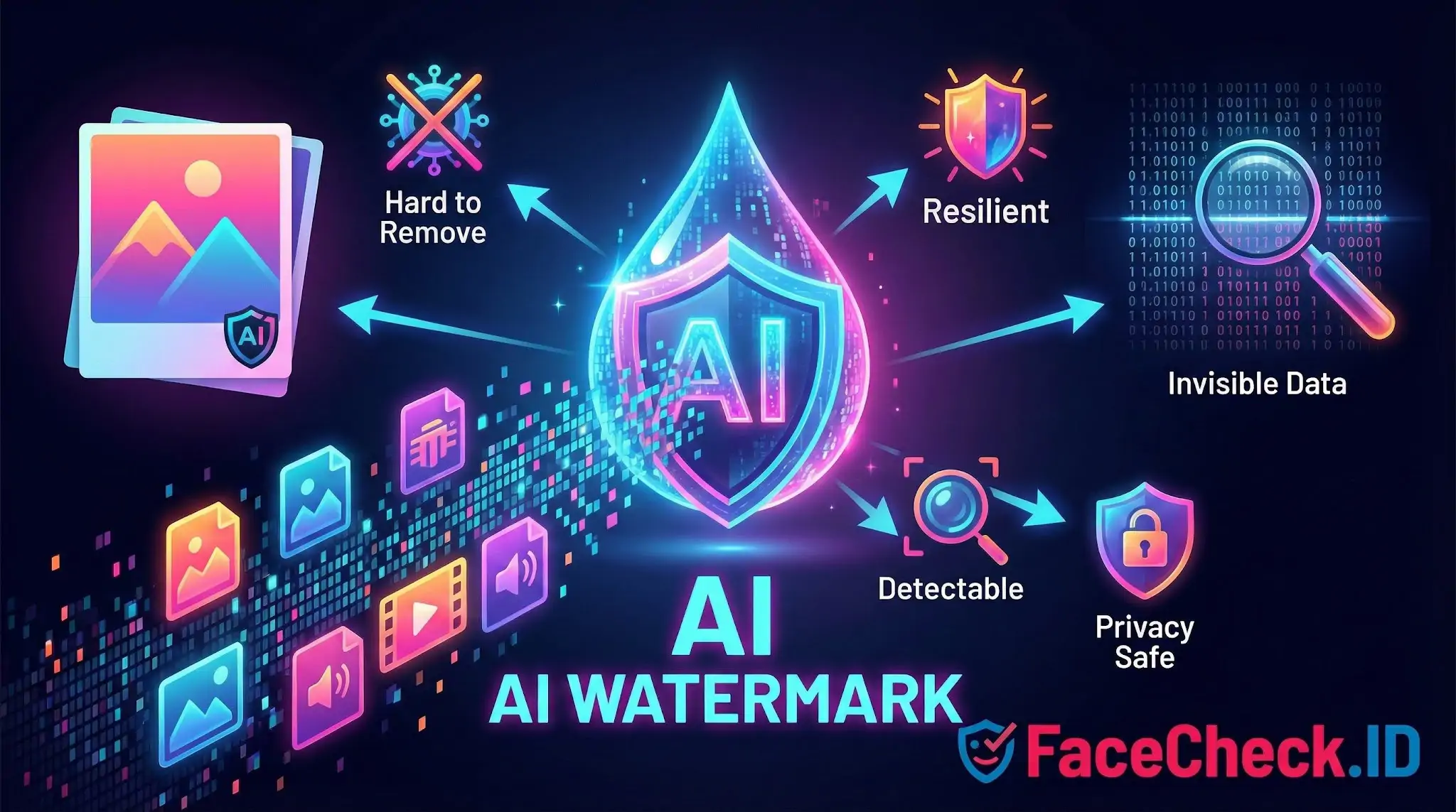 Glowing shield emblem labeled AI Watermark surrounded by icons for resilient, invisible data, and detectable features.