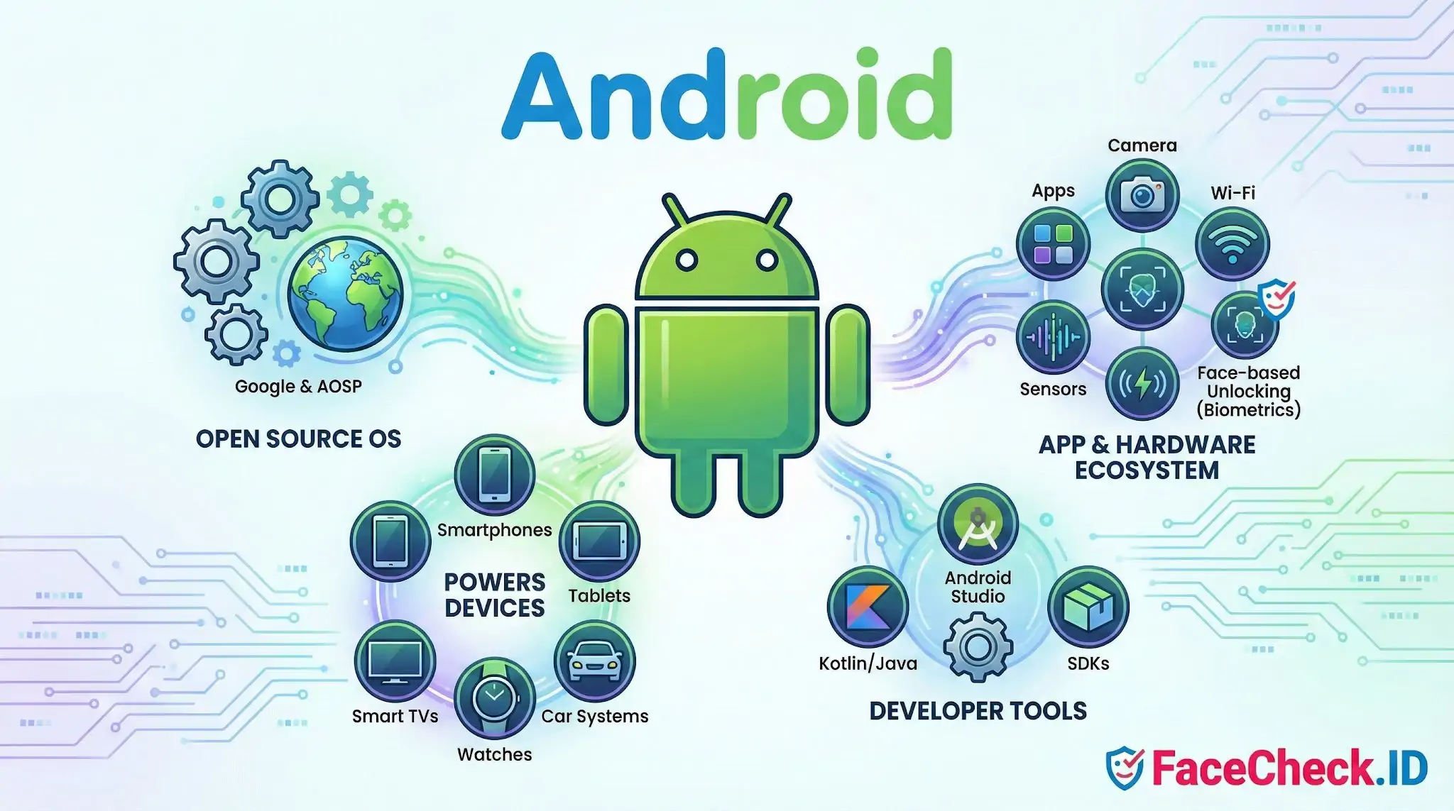 Infographic showing the Android ecosystem, covering its open source OS, supported devices like smartphones and TVs, hardware integration, and developer tools.