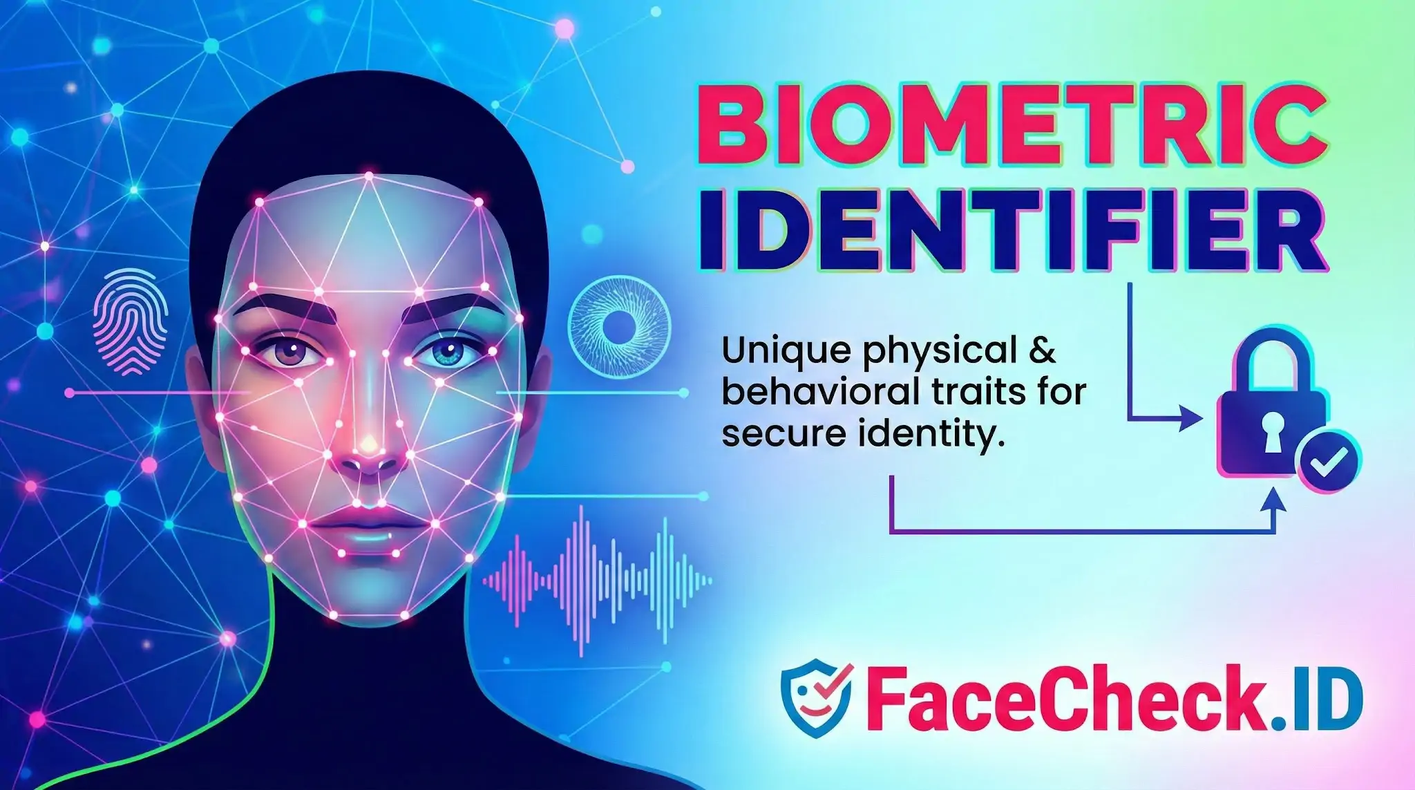 Biometric Identifier graphic showing a face scan, fingerprint, iris, and voice wave leading to a secure lock.