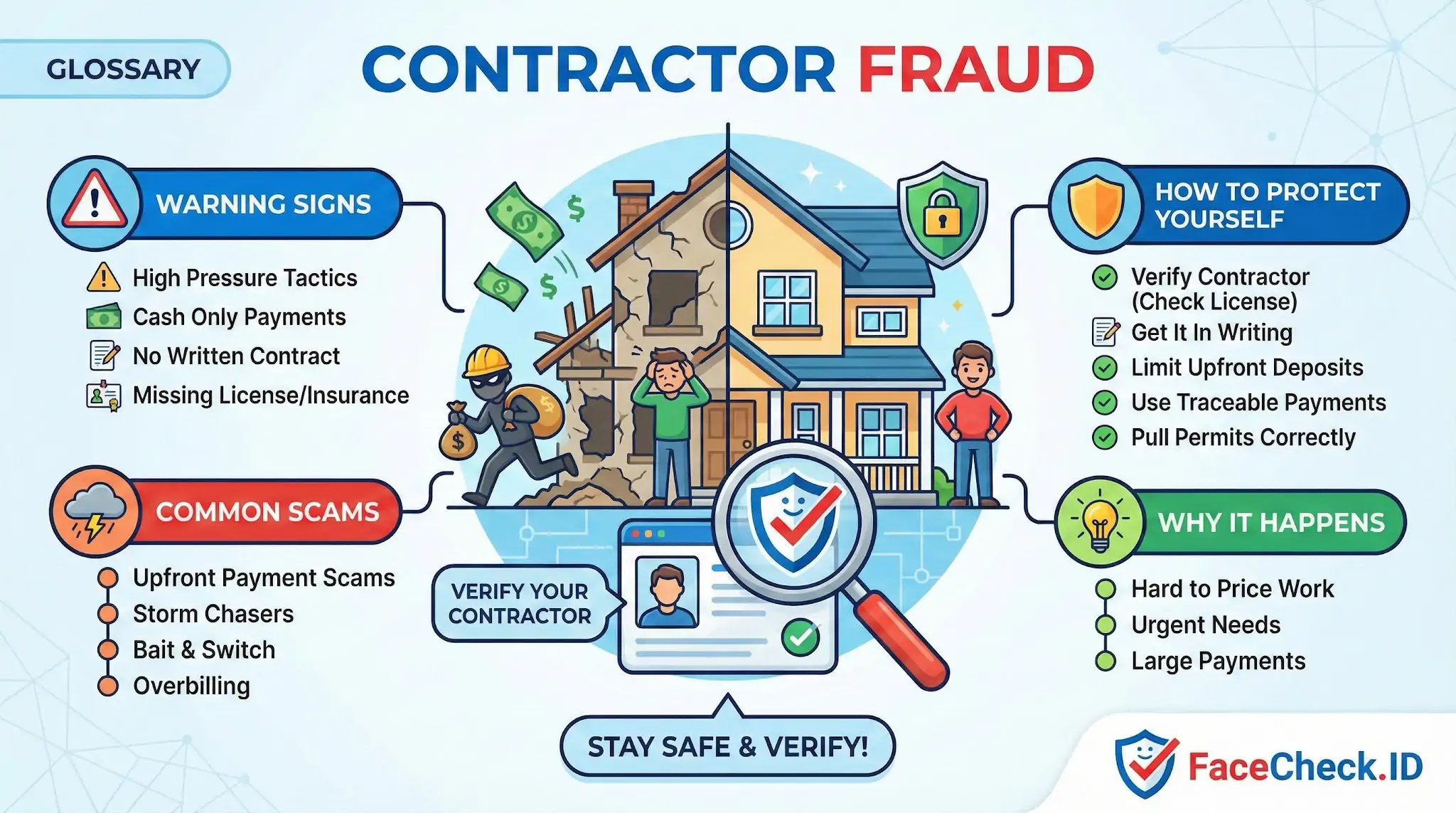 Infographic on contractor fraud detailing warning signs, common scams like storm chasers, and protection tips like verifying licenses and getting contracts in writing.