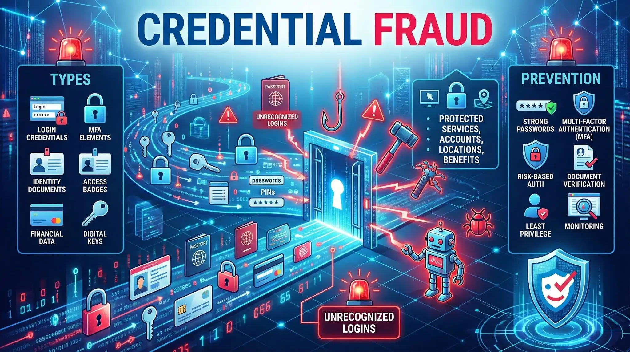 Infographic on credential fraud showing types like login credentials and identity documents versus prevention methods like MFA.