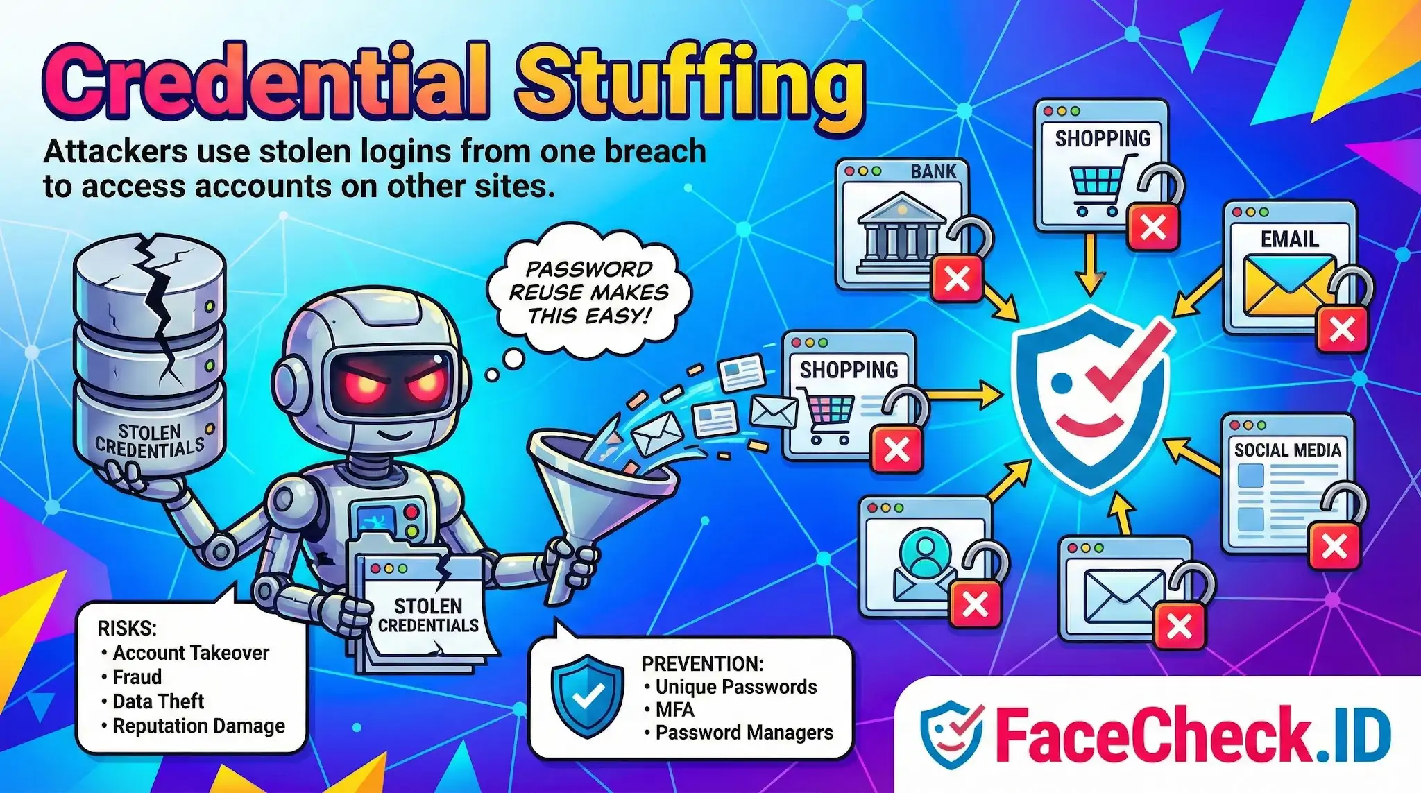 Infographic explaining Credential Stuffing where a robot uses stolen logins to breach bank, email, and shopping accounts due to password reuse.