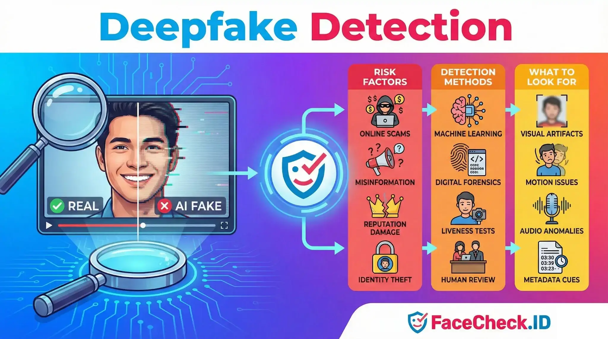 Deepfake Detection Infographic explaining Deepfake Detection, showing a split image of a mans face labeled Real and AI Fake, alongside risk factors and detection methods.