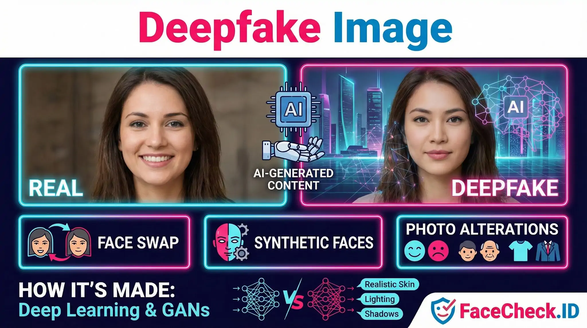 Infographic comparing a real photo to a Deepfake Image, explaining AI-generated face swaps, synthetic faces, and photo alterations.