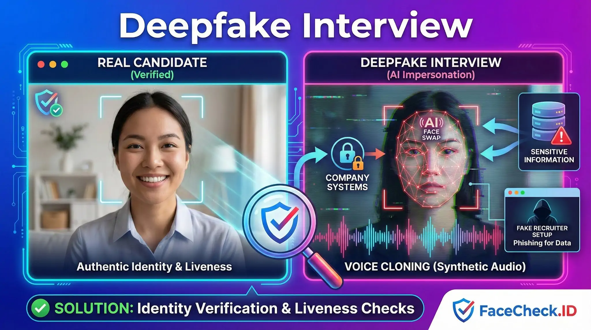 Deepfake interview infographic comparing a real verified candidate against an AI impersonation using face swap and voice cloning to access company systems.