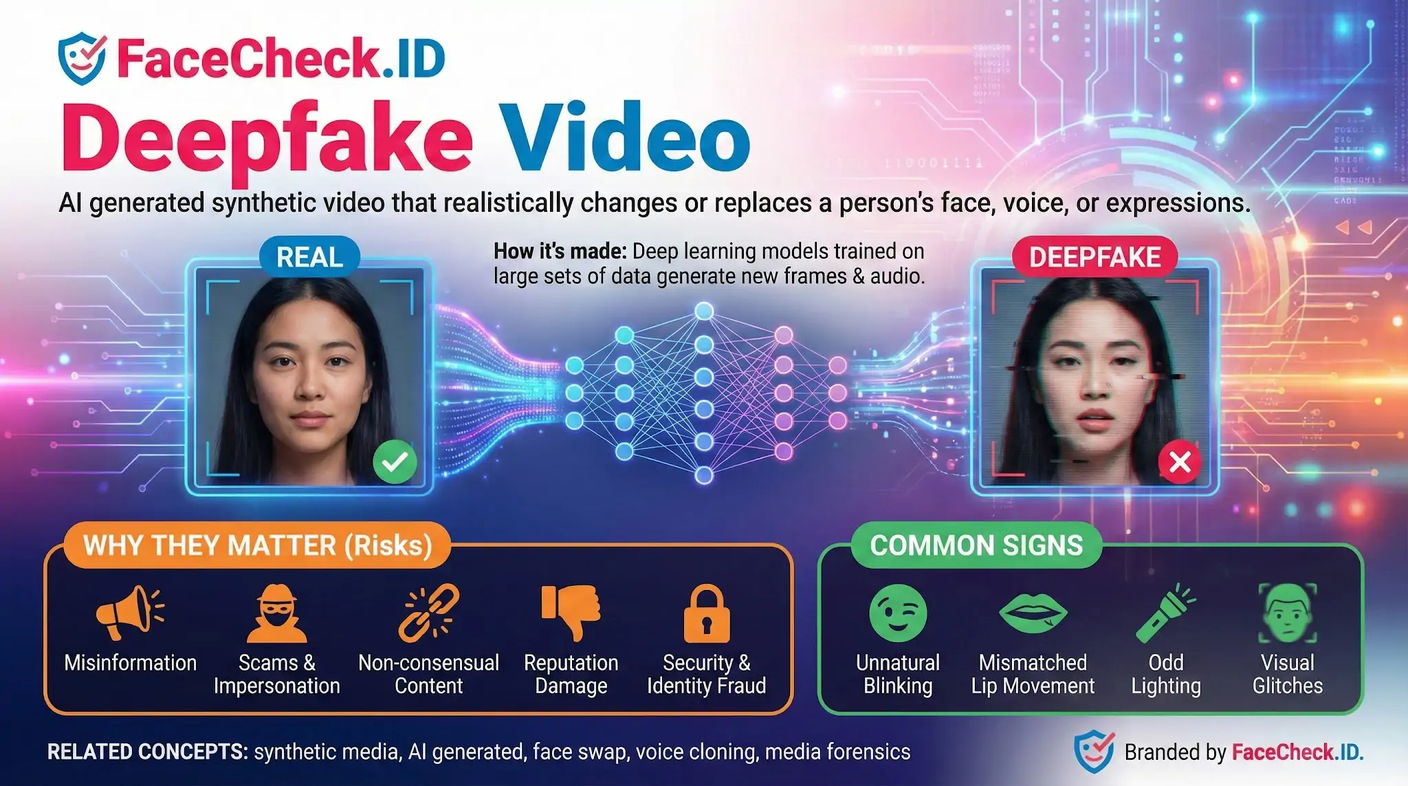 Infographic defining deepfake video technology, comparing a real face to an AI fake, and listing risks like scams and detection signs.