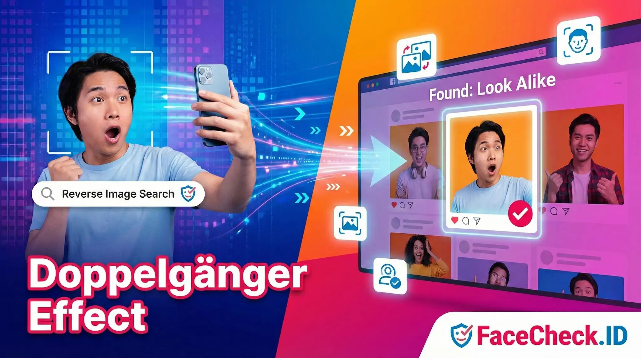 Surprised man uses reverse image search to find a look-alike match, demonstrating the Doppelgänger Effect on FaceCheck.ID.