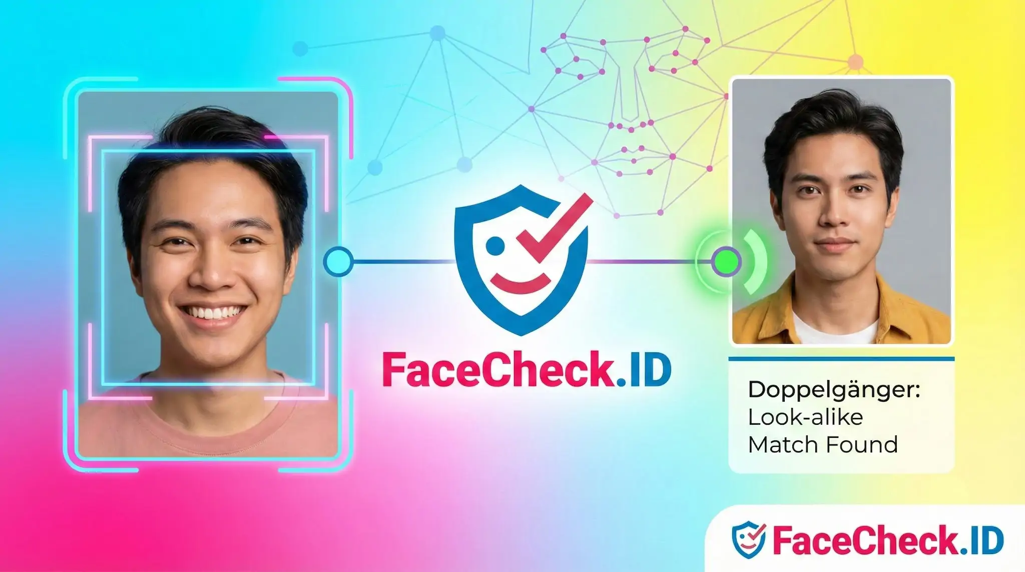 FaceCheck.ID scanning a smiling mans photo to successfully identify a serious look-alike portrait as a Doppelgänger match.