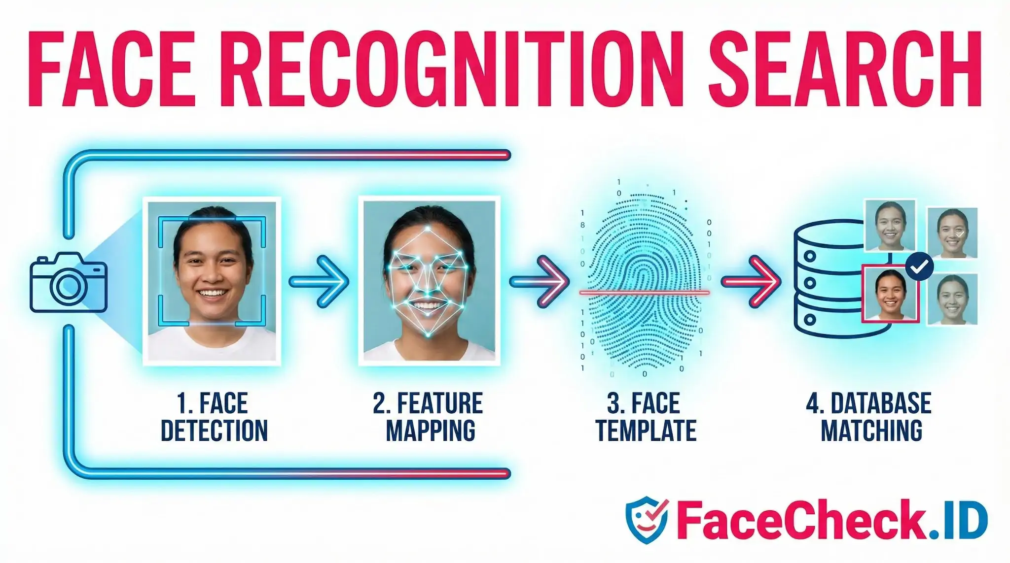 Face Recognition Search Four-step Face Recognition Search process: Face Detection, Feature Mapping, Face Template, and Database Matching.