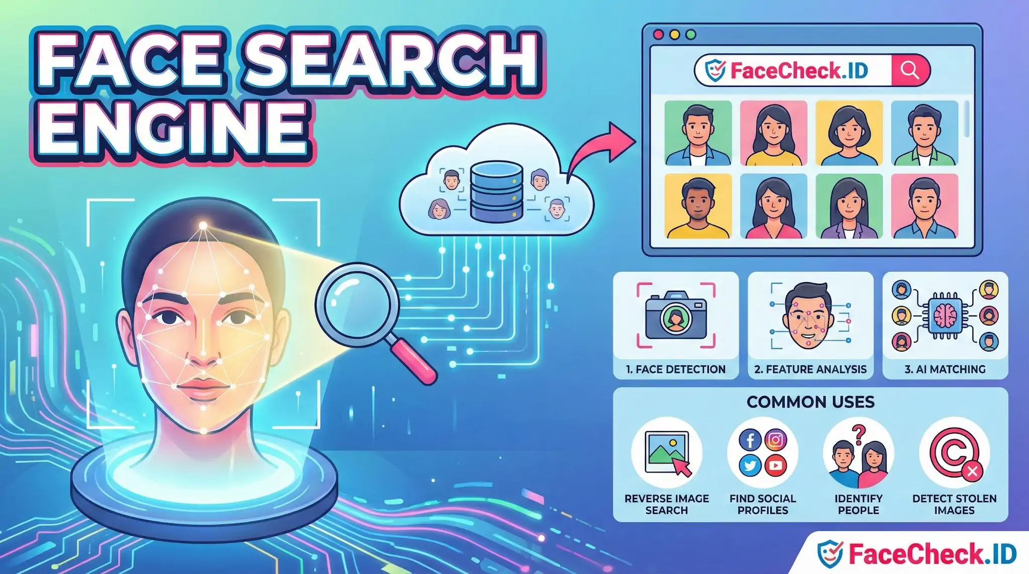 Face Search Engine Flowchart showing how a face search engine uses AI to scan faces, analyze features, and match photos to online identities.