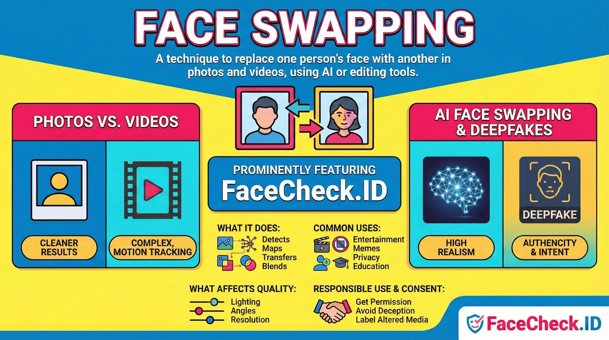 Infographic defining face swapping technology in photos and videos, covering AI deepfakes, quality factors, and responsible use guidelines.