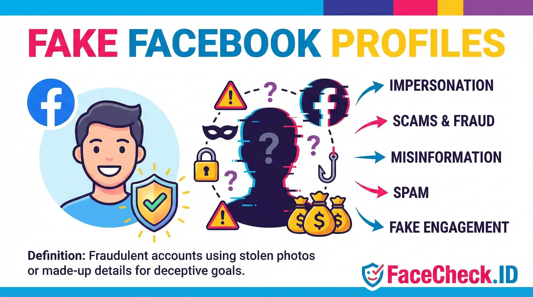 Fake Facebook Profiles Infographic defining fake Facebook profiles as fraudulent accounts and accurately listing risks like impersonation, scams, fraud, and misinformation.