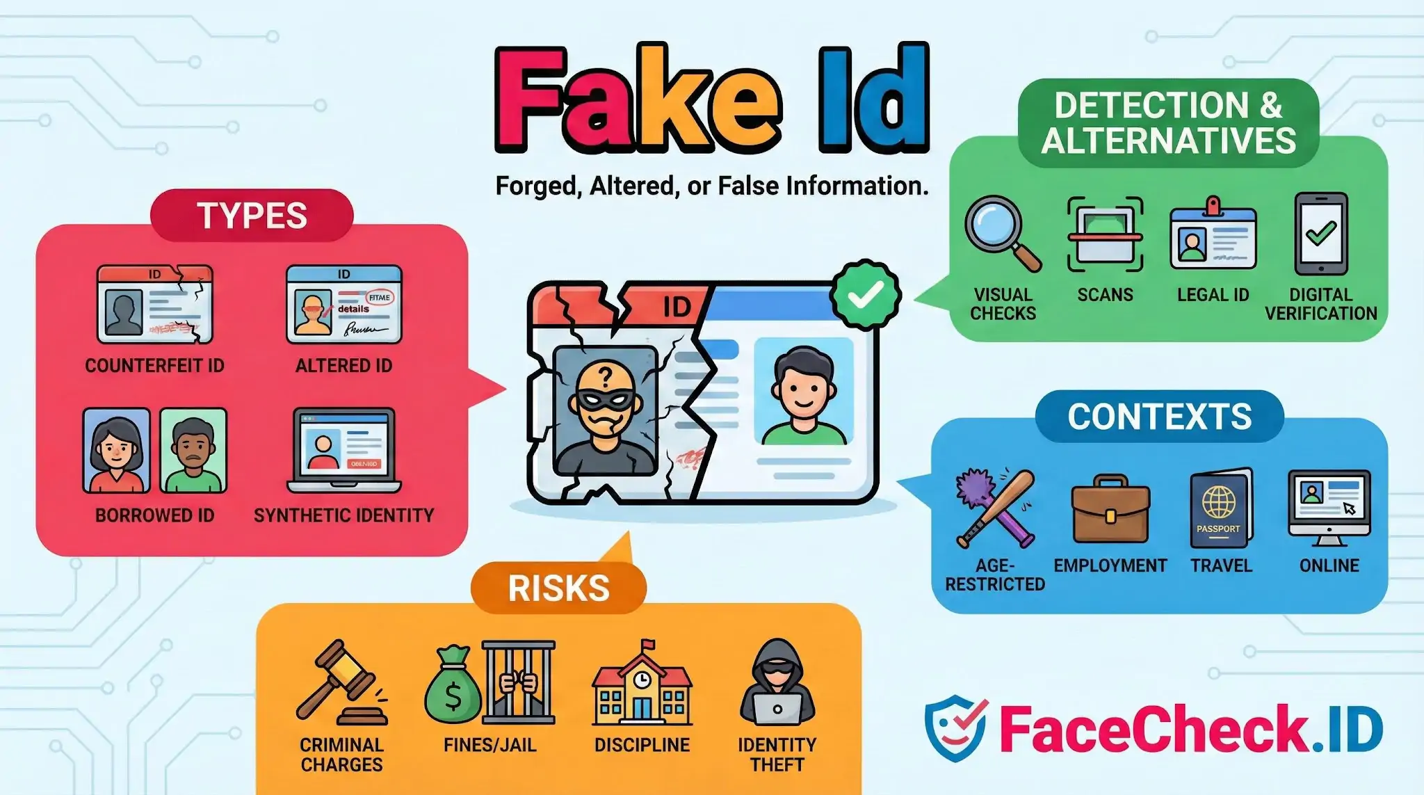 Fake Id Fake Id infographic explaining types like counterfeit and borrowed, legal risks like fines and jail, detection methods, and usage contexts.