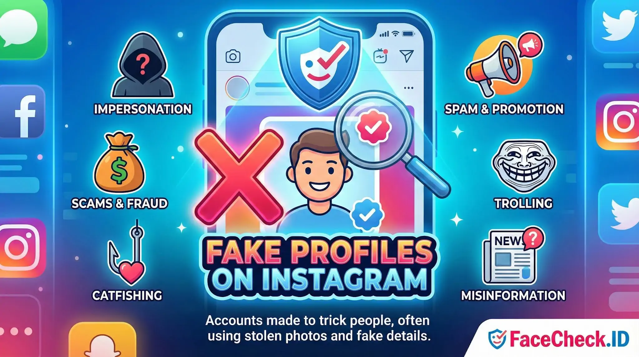 Fake Profiles on Instagram An infographic titled Fake Profiles on Instagram, warning about impersonation, scams, catfishing, spam, trolling, and misinformation, with a phone screen and magnifying glass icon.
