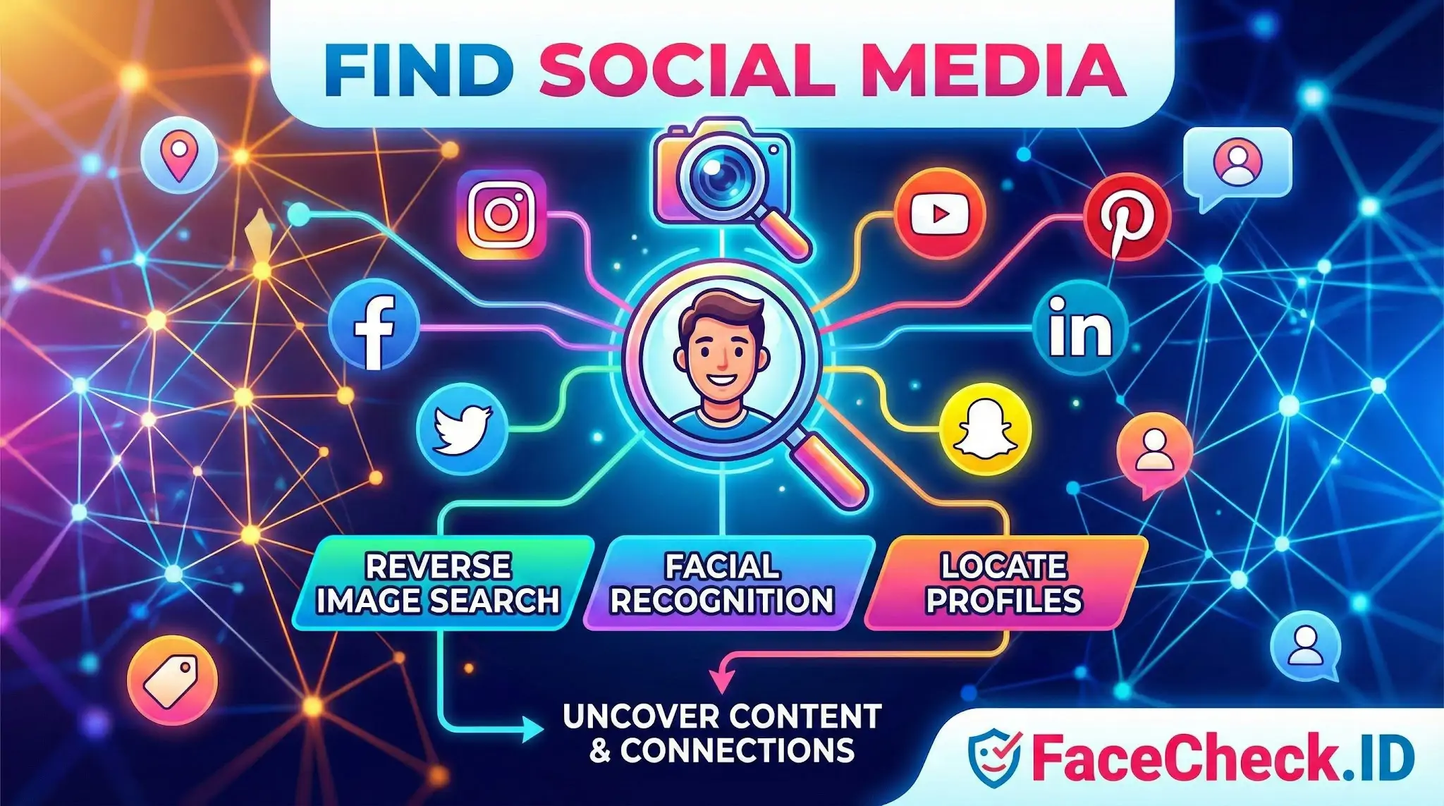 Find Social Media Find Social Media profiles using facial recognition technology. An infographic connects a central photo scan to icons for Facebook, Instagram, and LinkedIn to uncover content.
