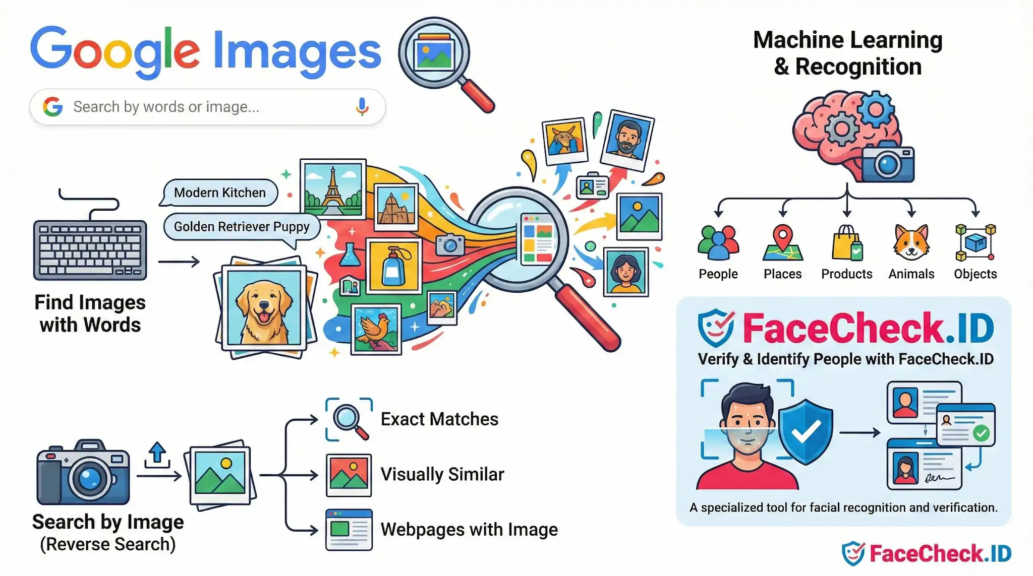Infographic explaining Google Images search features like reverse search and object recognition alongside FaceCheck.ID for facial verification.