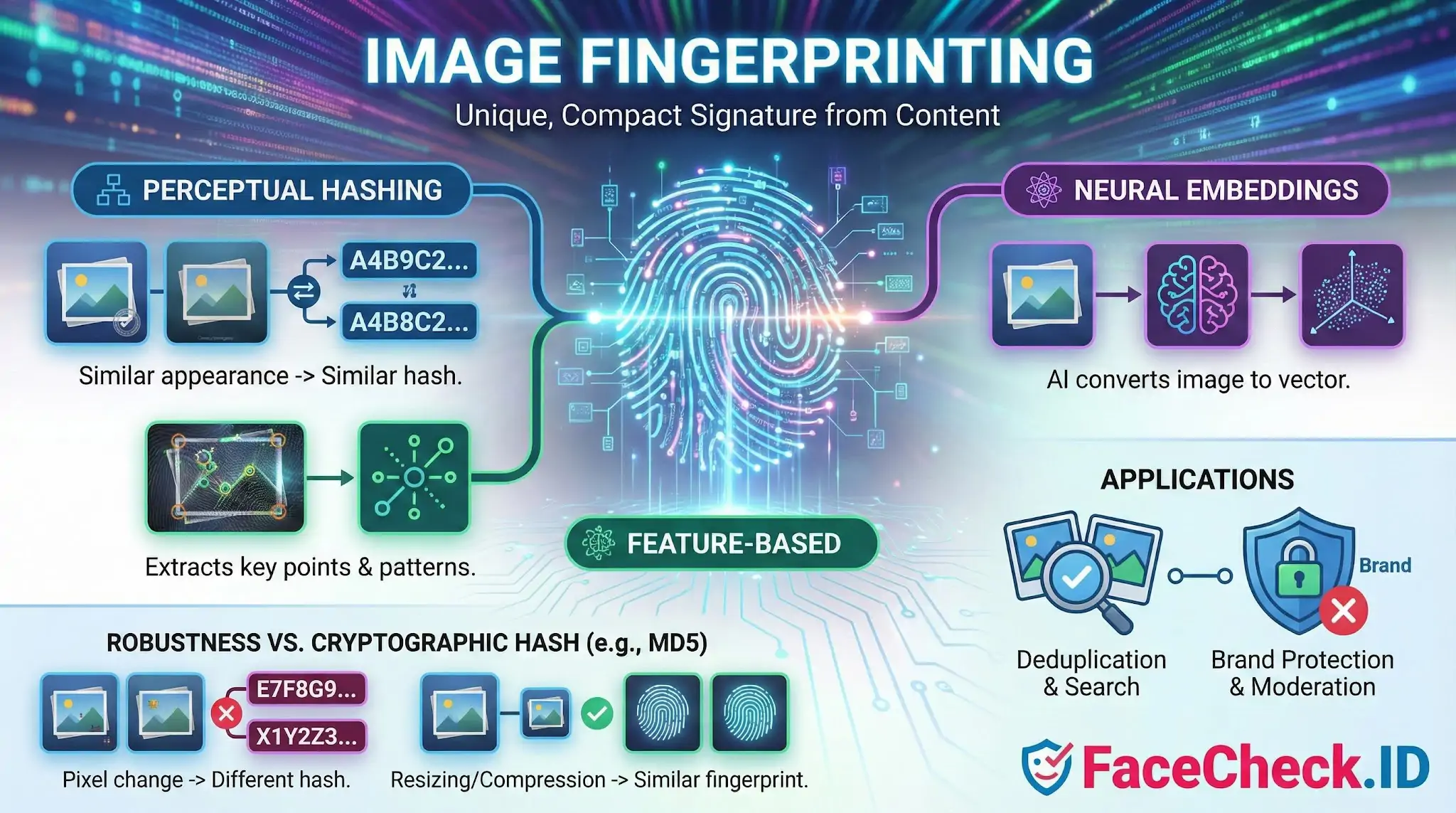 Infographic explaining Image Fingerprinting methods like perceptual hashing, neural embeddings, and feature-based extraction for robust content identification and deduplication.