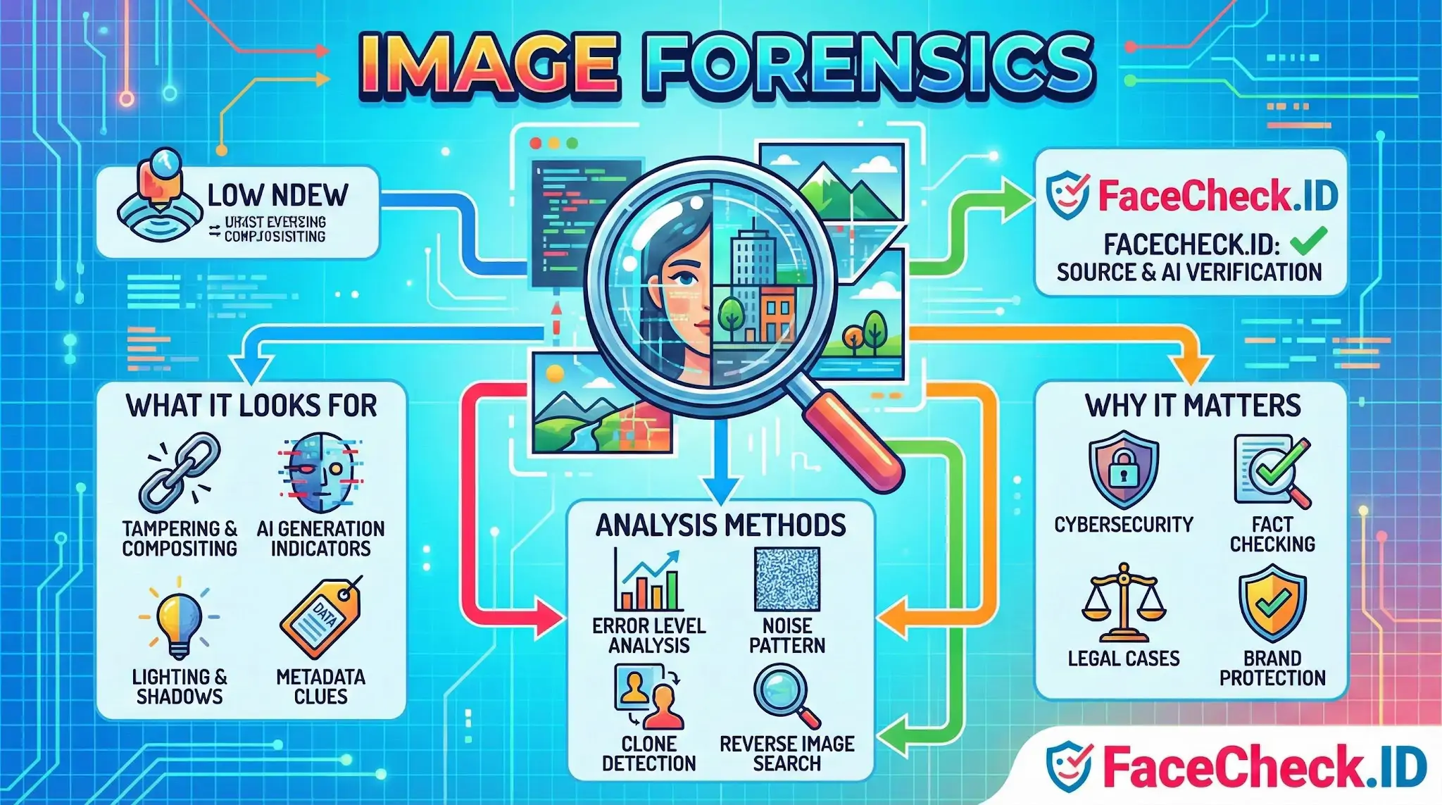 Infographic explaining Image Forensics, detailing detection methods like error level analysis, AI indicators, and their role in cybersecurity and fact-checking.