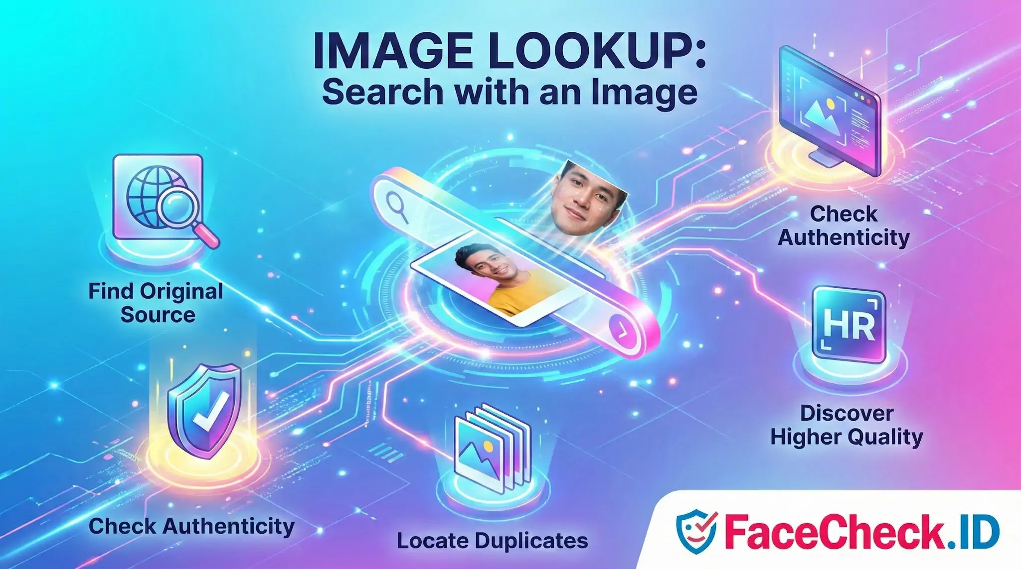 FaceCheck.ID Image Lookup graphic displaying features like finding original sources, locating duplicates, and checking photo authenticity.