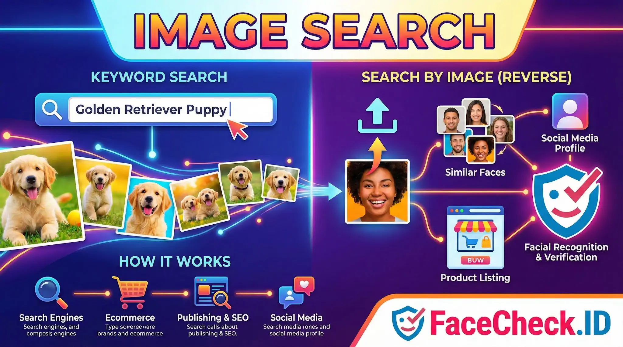 Image Search Infographic comparing keyword image search for puppies versus reverse search by image for facial recognition.