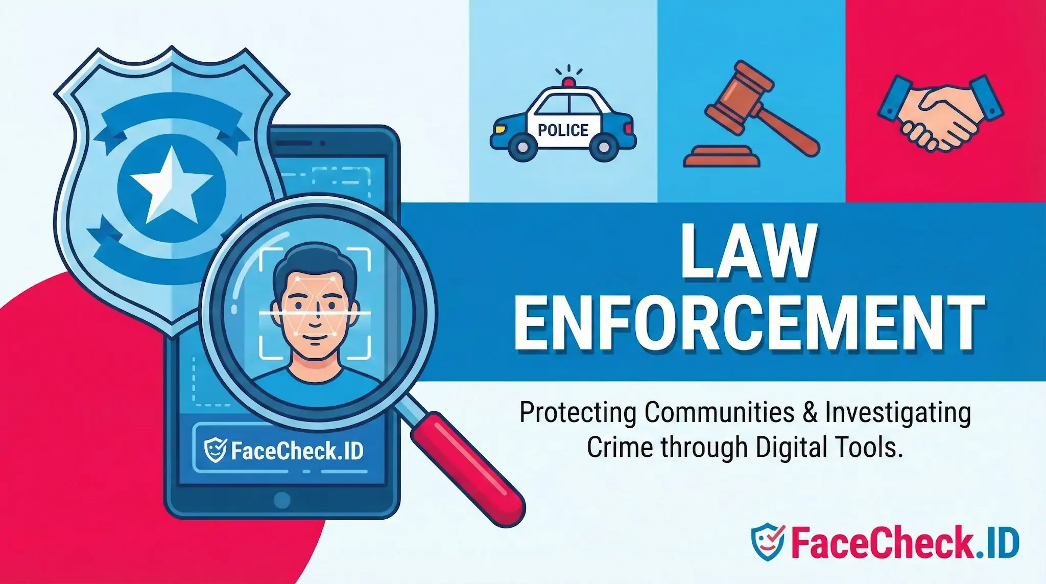 Law Enforcement infographic on investigating crime through digital tools for community protection.