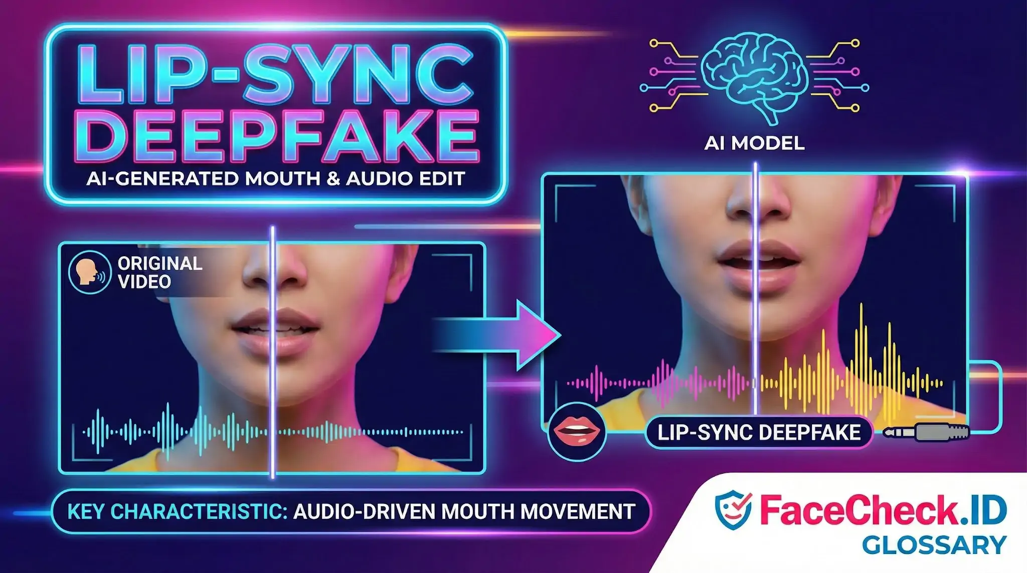 Lip-Sync Deepfake Infographic showing a Lip-Sync Deepfake process where AI alters a persons mouth movements to match new audio in a video.