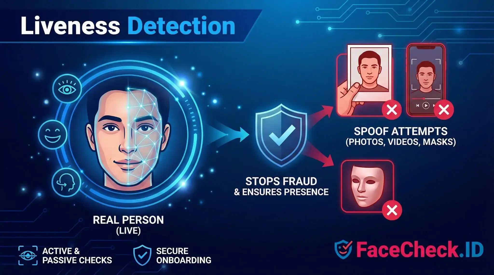 Liveness Detection infographic showing biometric analysis verifying a real person while rejecting photo, video, and mask spoof attempts.