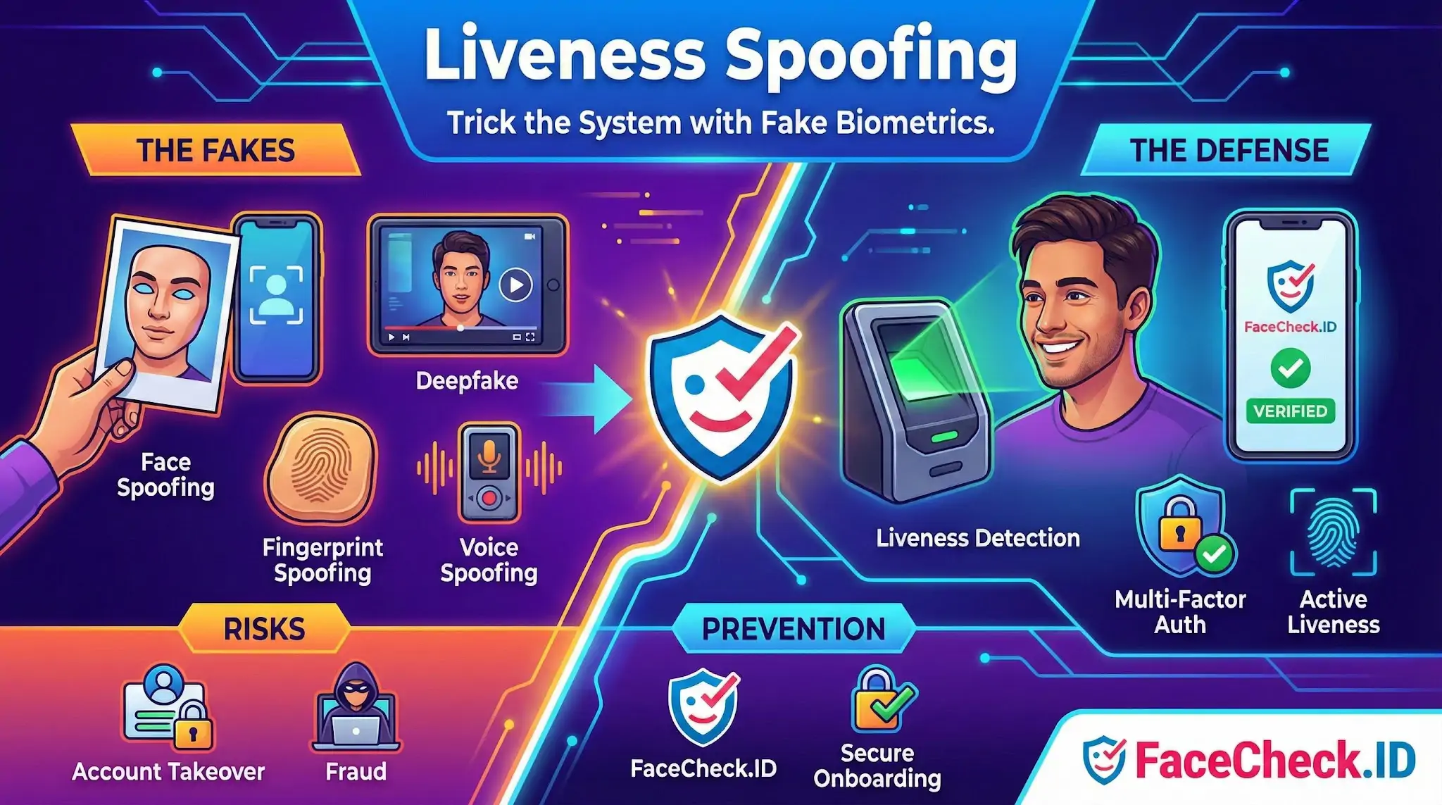 Infographic explaining Liveness Spoofing attacks using fake biometrics like deepfakes and masks versus secure liveness detection defenses.