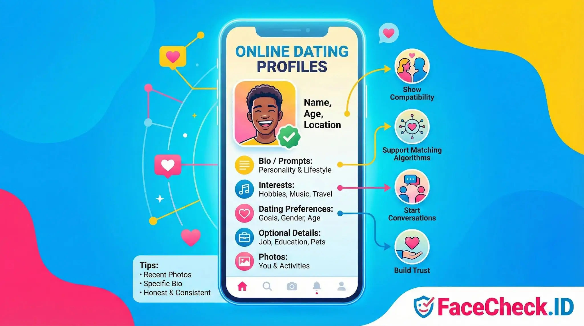 Infographic on a smartphone screen detailing components of Online Dating Profiles, including bio, interests, preferences, and photos to build trust and compatibility.