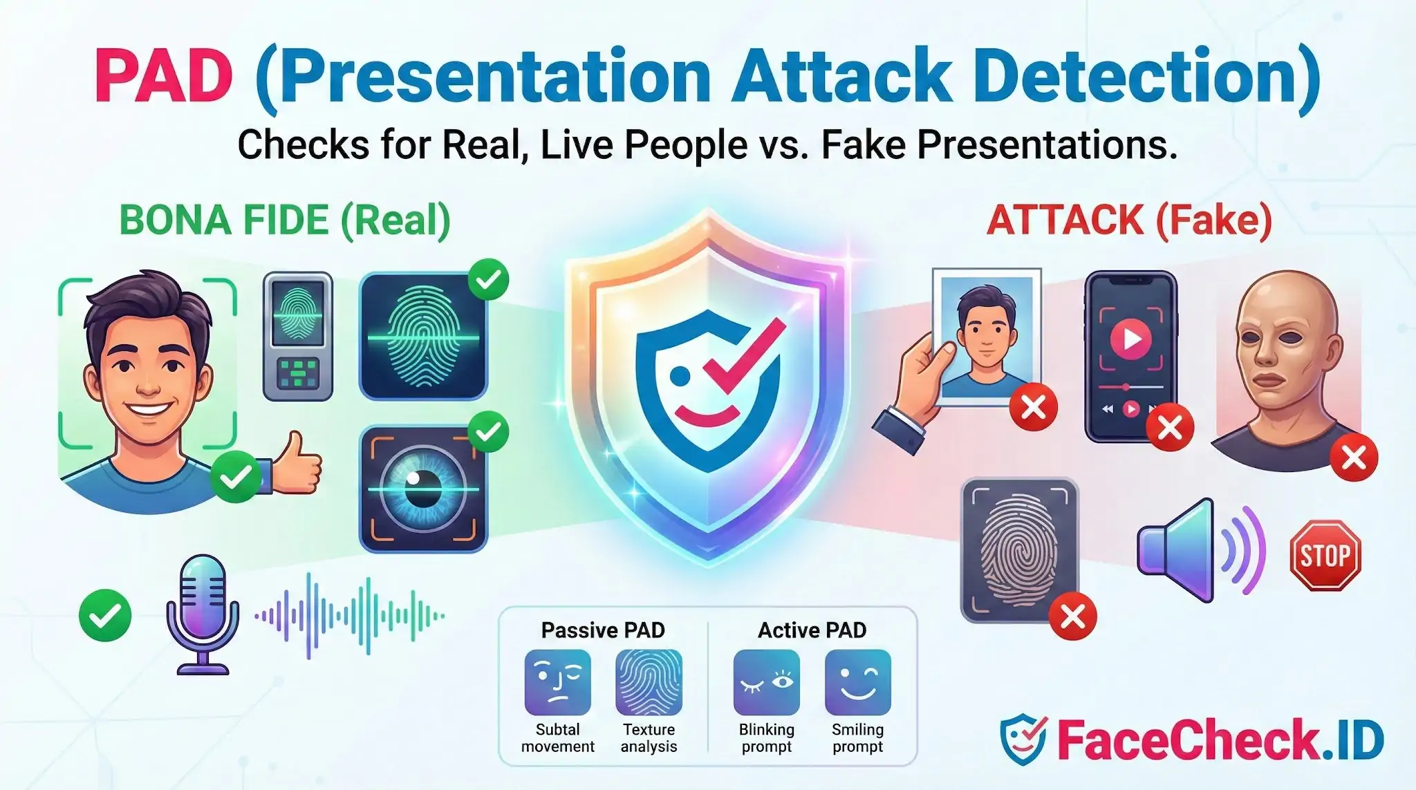 Infographic explaining PAD (Presentation Attack Detection) comparing real biometric checks against fake attacks using photos, videos, and masks.
