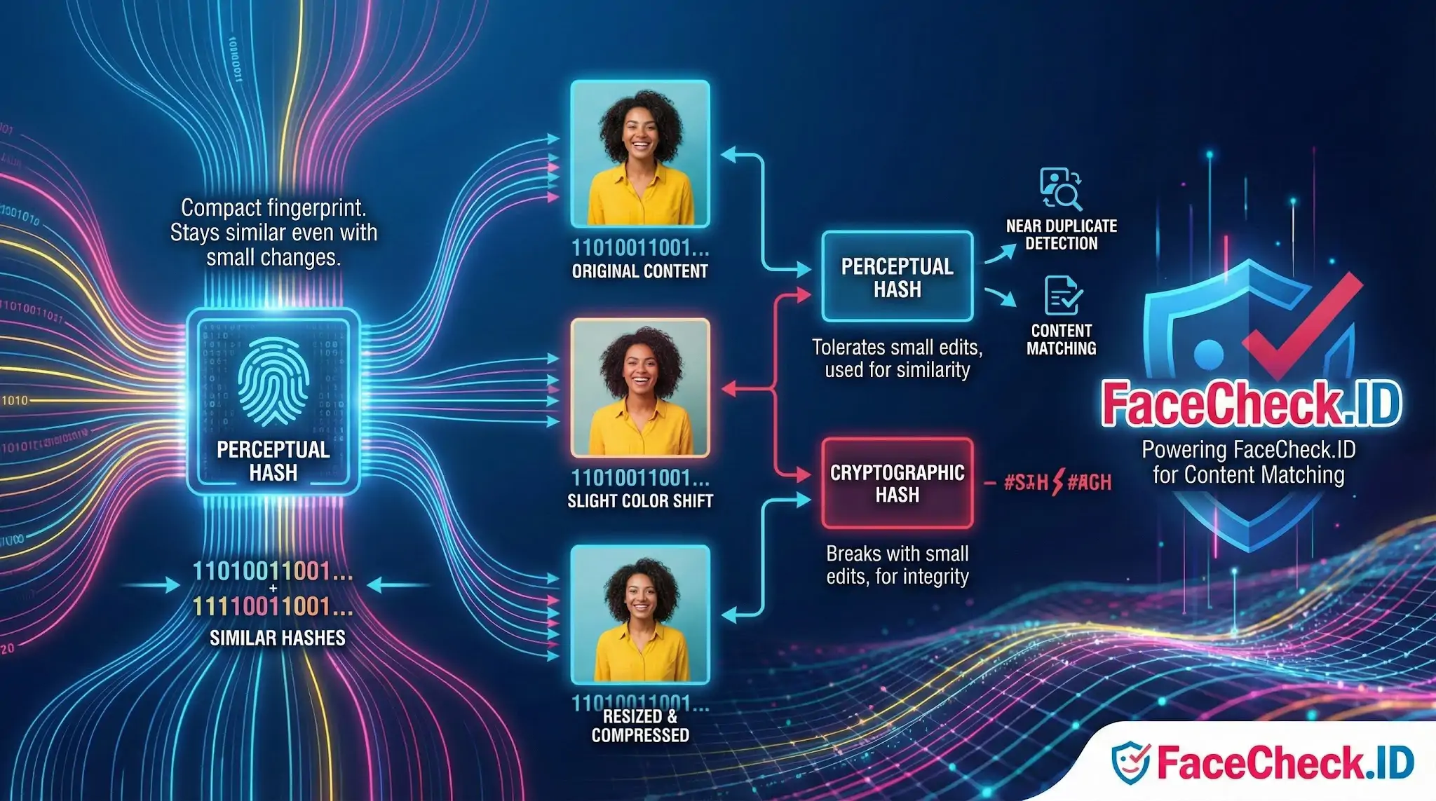 Diagram showing how a Perceptual Hash creates similar digital fingerprints for original and edited images to enable content matching and duplicate detection.