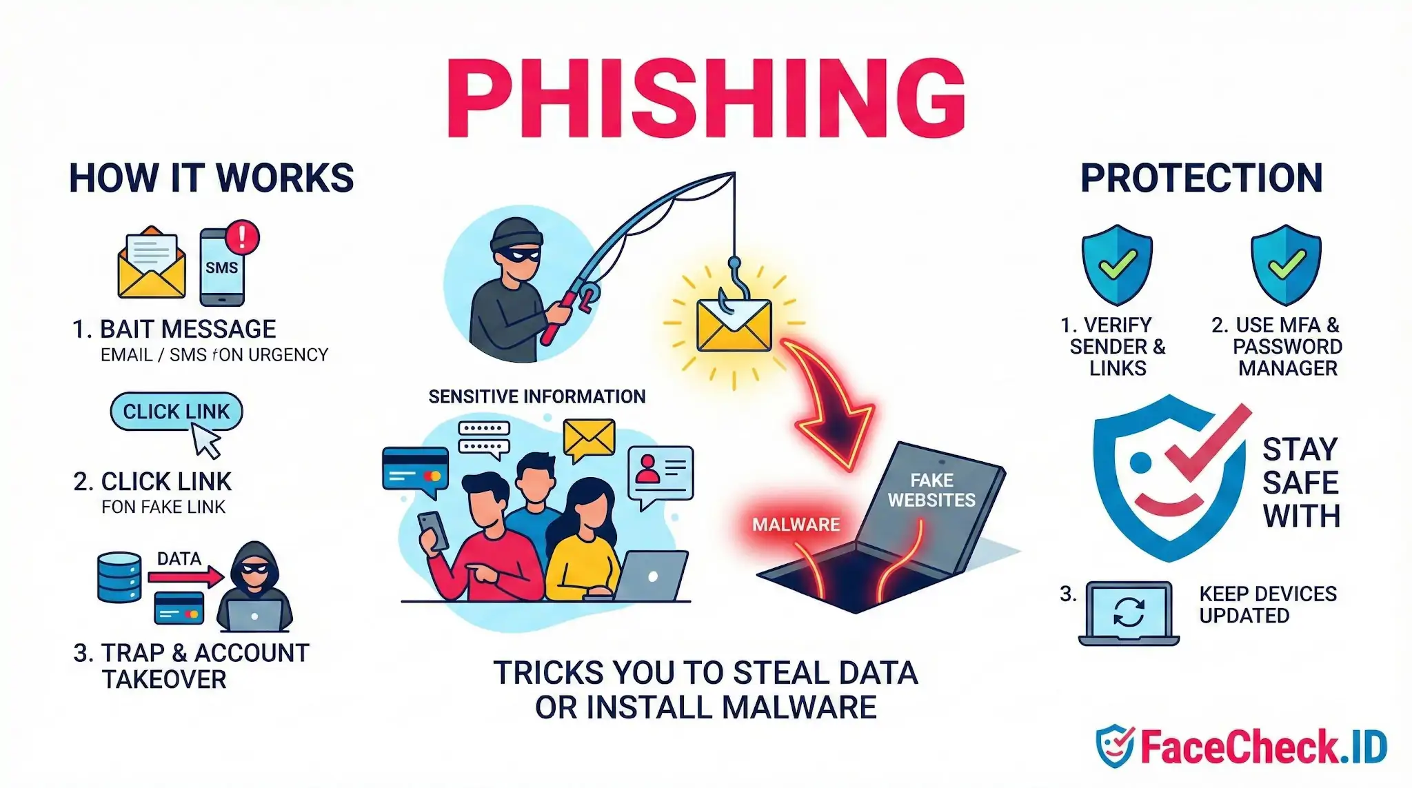 Phishing guide showing the attack cycle from bait messages to data theft, and protection tips like MFA and updates.