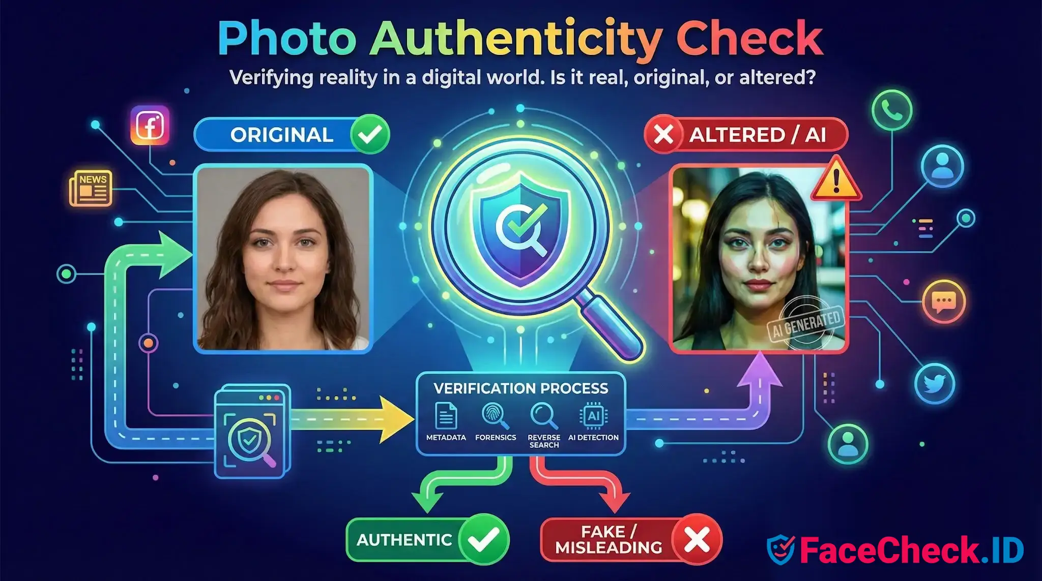 Photo Authenticity Check infographic comparing an original portrait against an altered AI version using verification steps like metadata and forensics.