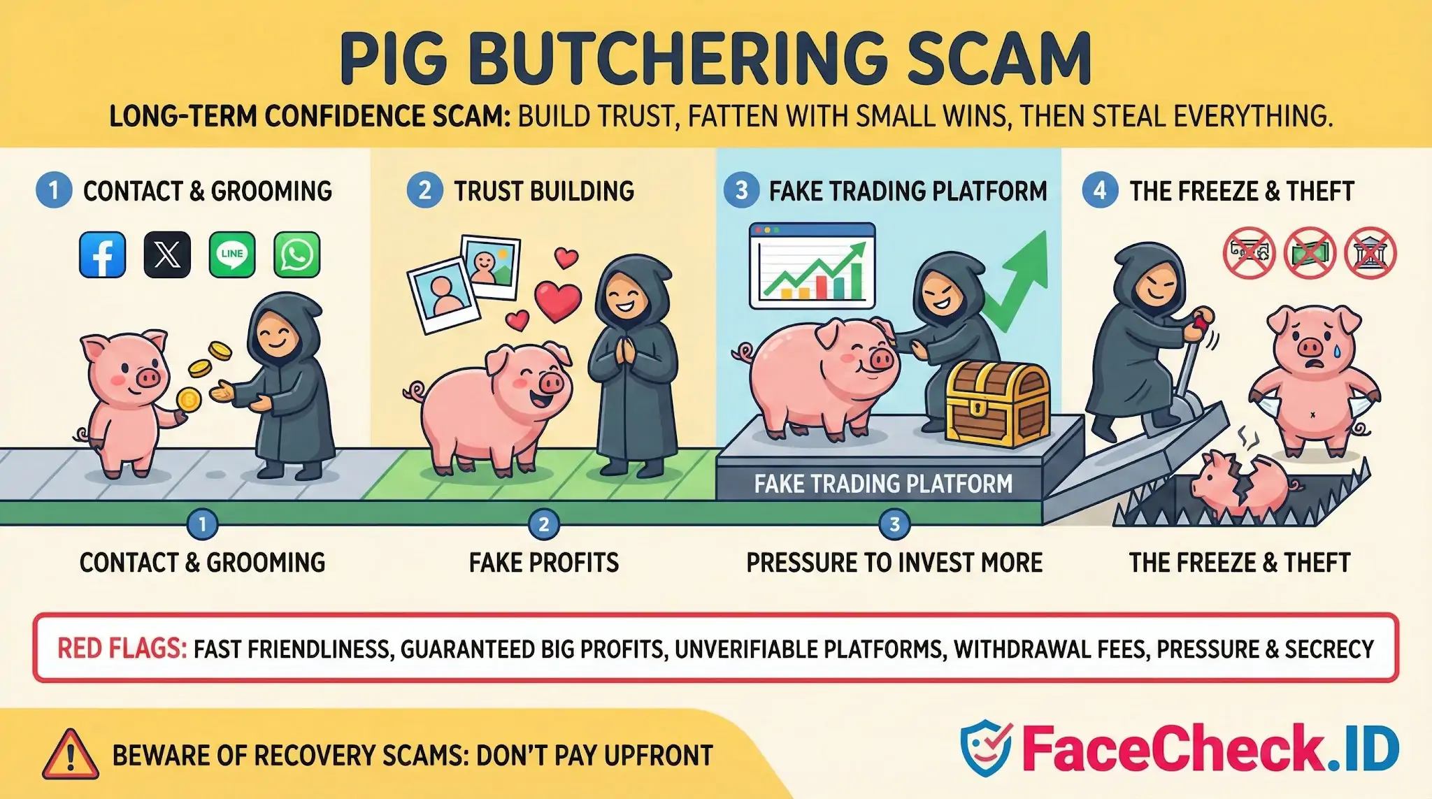 Pig Butchering Infographic detailing the four stages of a Pig Butchering scam: contact, trust building, fake trading platforms, and final theft.