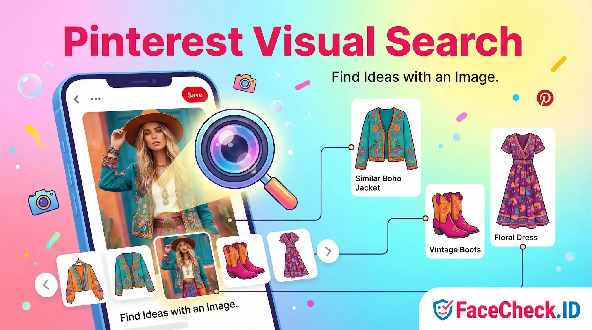 Pinterest Visual Search Pinterest Visual Search identifies items in a photo, like a boho jacket and vintage boots, to help users find similar ideas.
