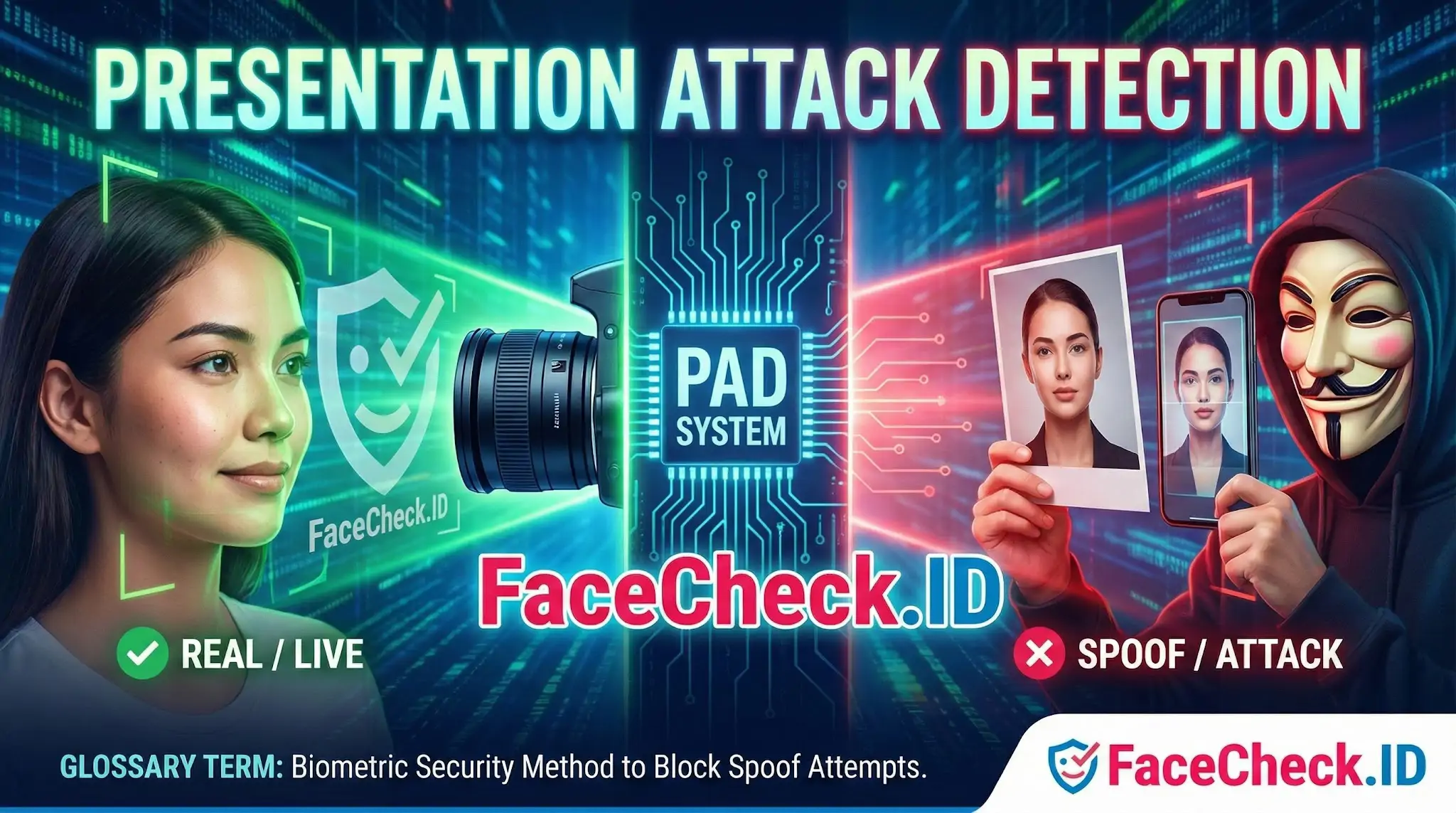 Presentation Attack Detection graphic comparing a verified live user against a rejected spoof attack using a photo and phone.
