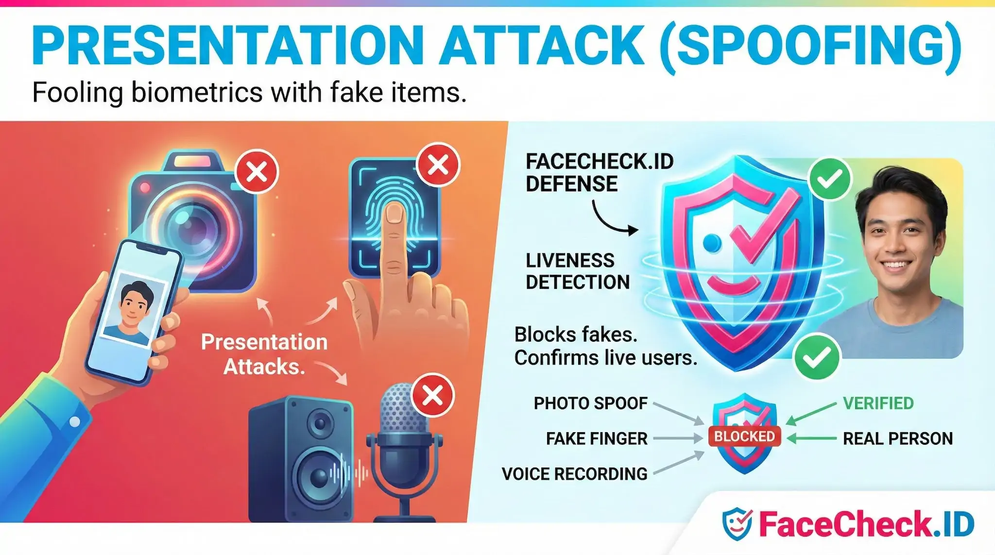 Infographic showing how FaceCheck.ID blocks a Presentation Attack using fake photos, fingerprints, and voice recordings, contrasting it with verified liveness detection.