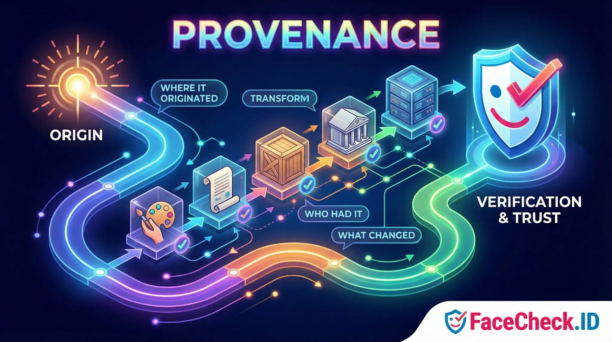 Infographic illustrating the flow of Provenance from Origin through transformation and ownership steps to final Verification & Trust.