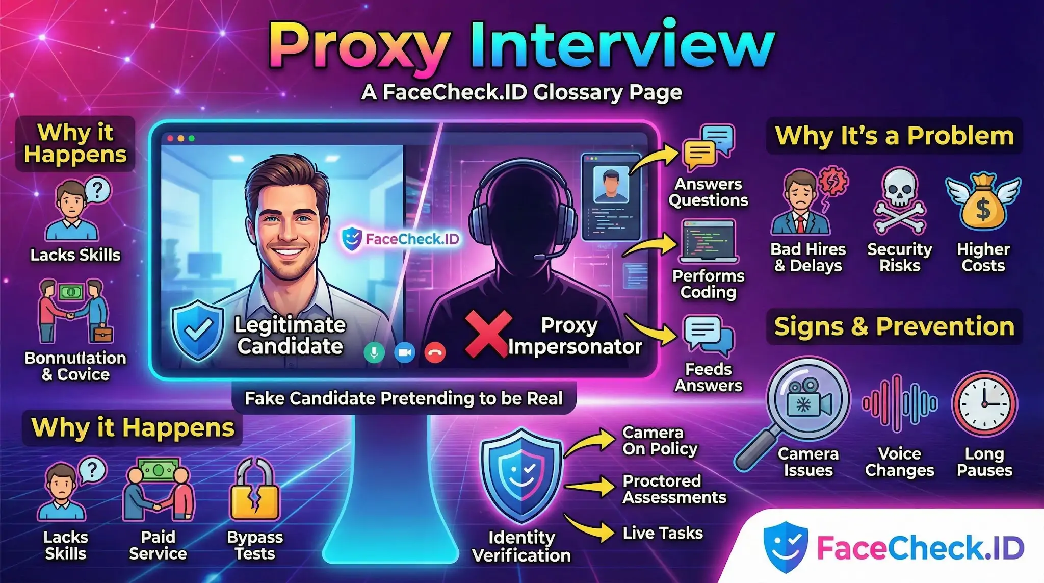 Infographic defining a proxy interview scam where a hidden impersonator feeds answers to a fake candidate during a video call.