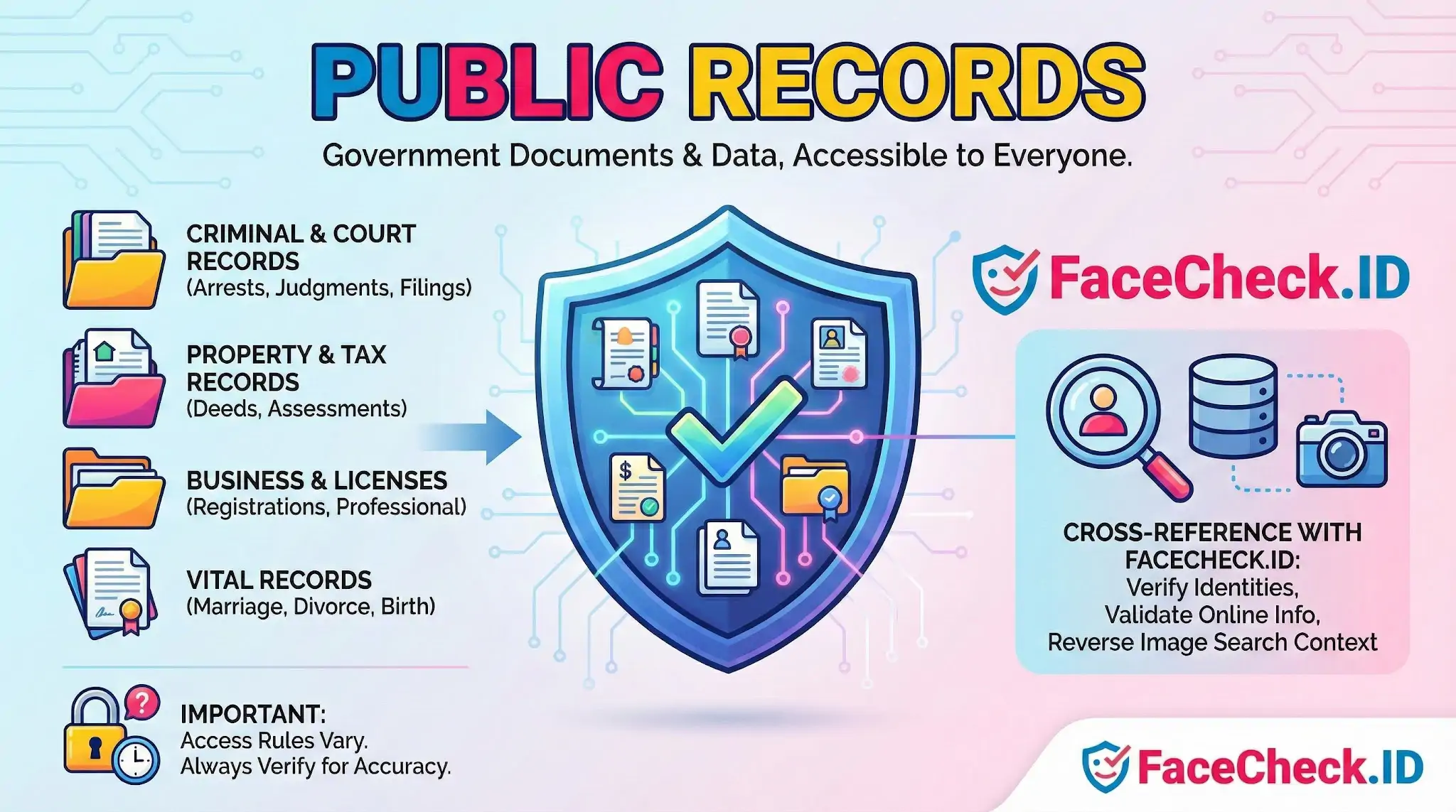 Infographic listing Public Records types like criminal and property data, showing how to cross-reference with FaceCheck.ID to verify identities.