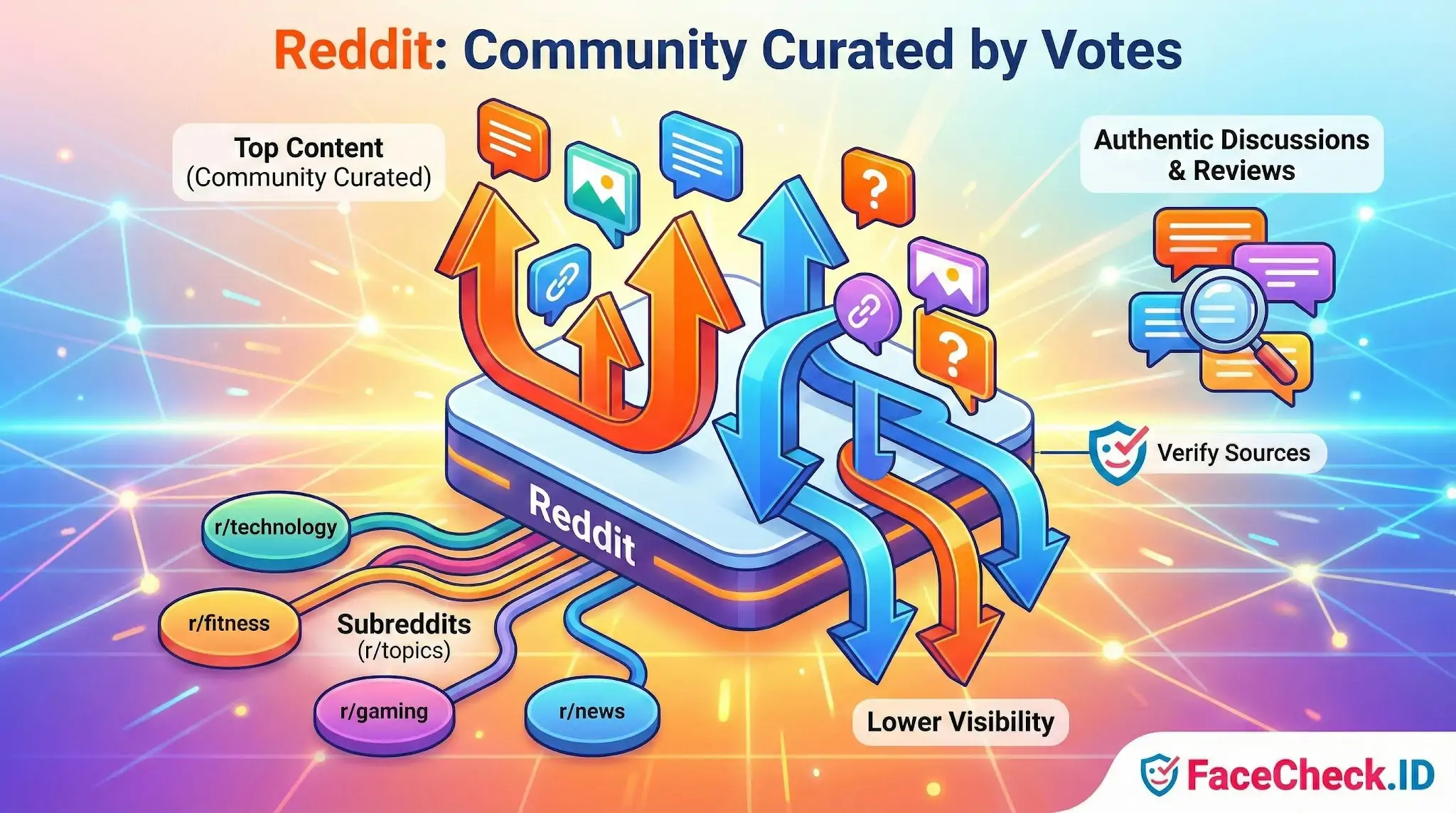 Reddit Infographic explaining Reddit as a community curated by votes, showing upvotes raising top content and downvotes lowering visibility.